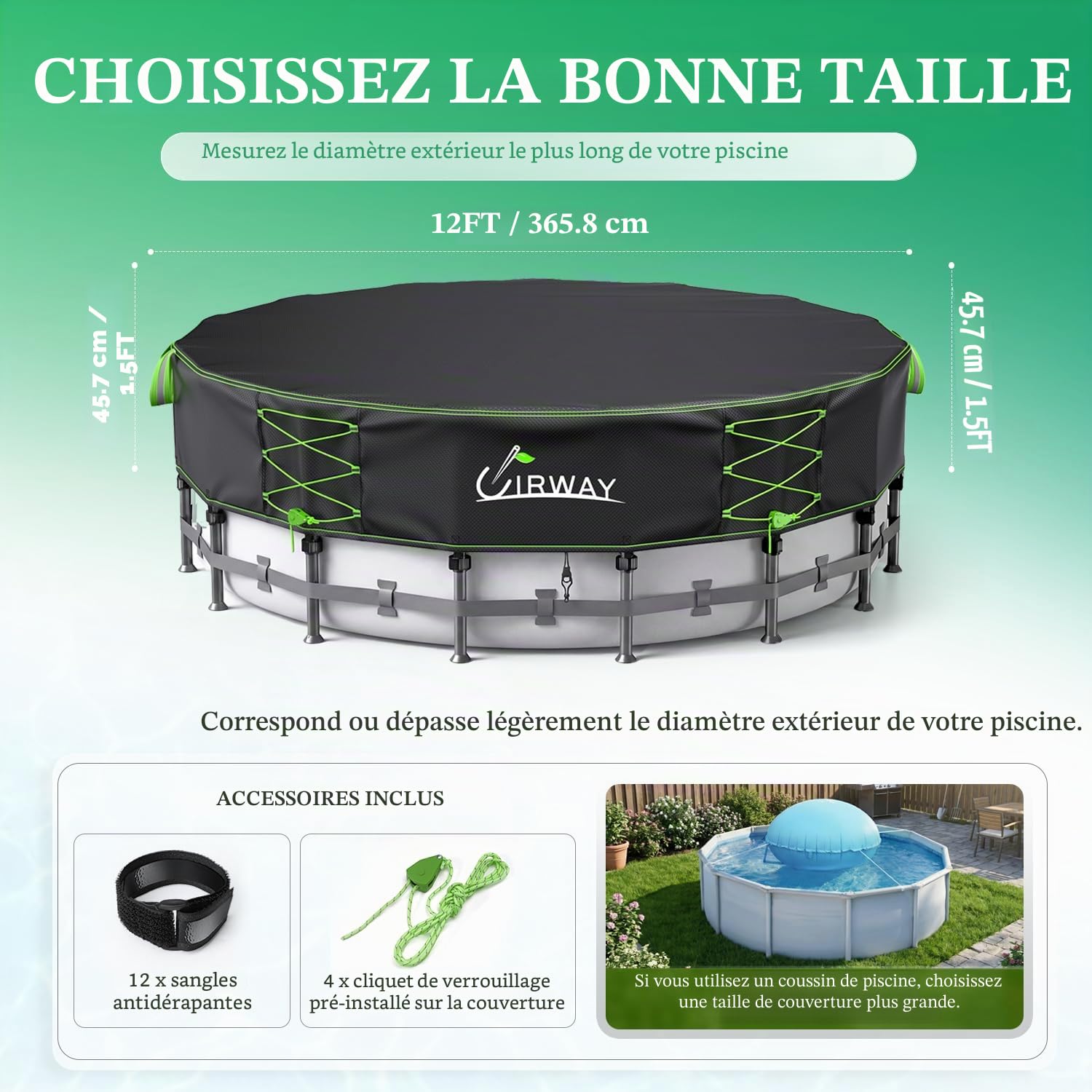 Uirway Bâche de piscine ronde 600D de 3,7 m améliorée pour piscine hors sol, bâche solaire avec cordon de serrage réfléchissant coupe-vent à lacets, protection UV, avec sangles antidérapantes