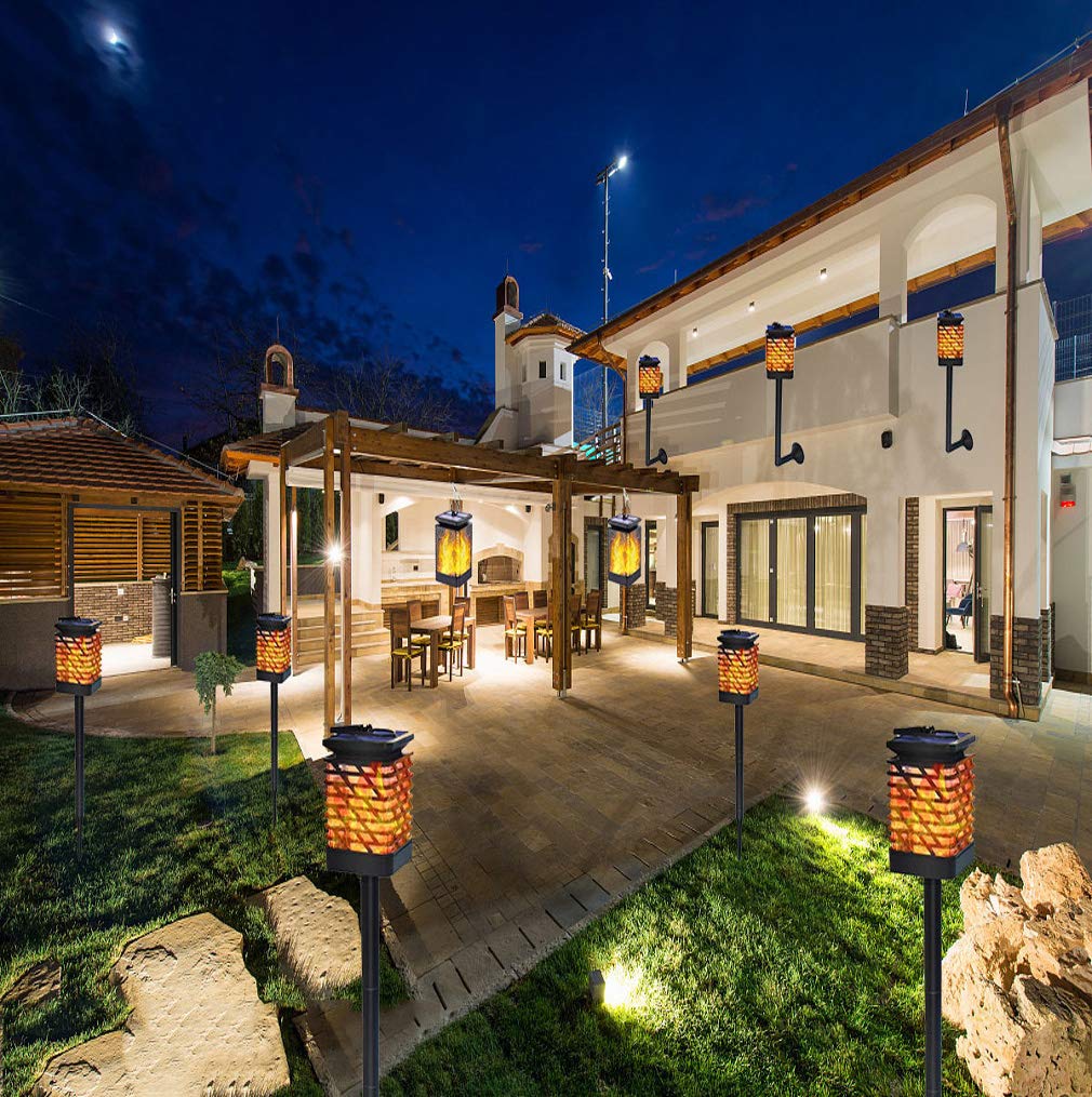 Lanterne solari con luci da esterno impermeabili da appendere, a forma di fiamma, a LED, per giardino, decorazione paesaggistica, percorso, patio, cortile, sezione modello