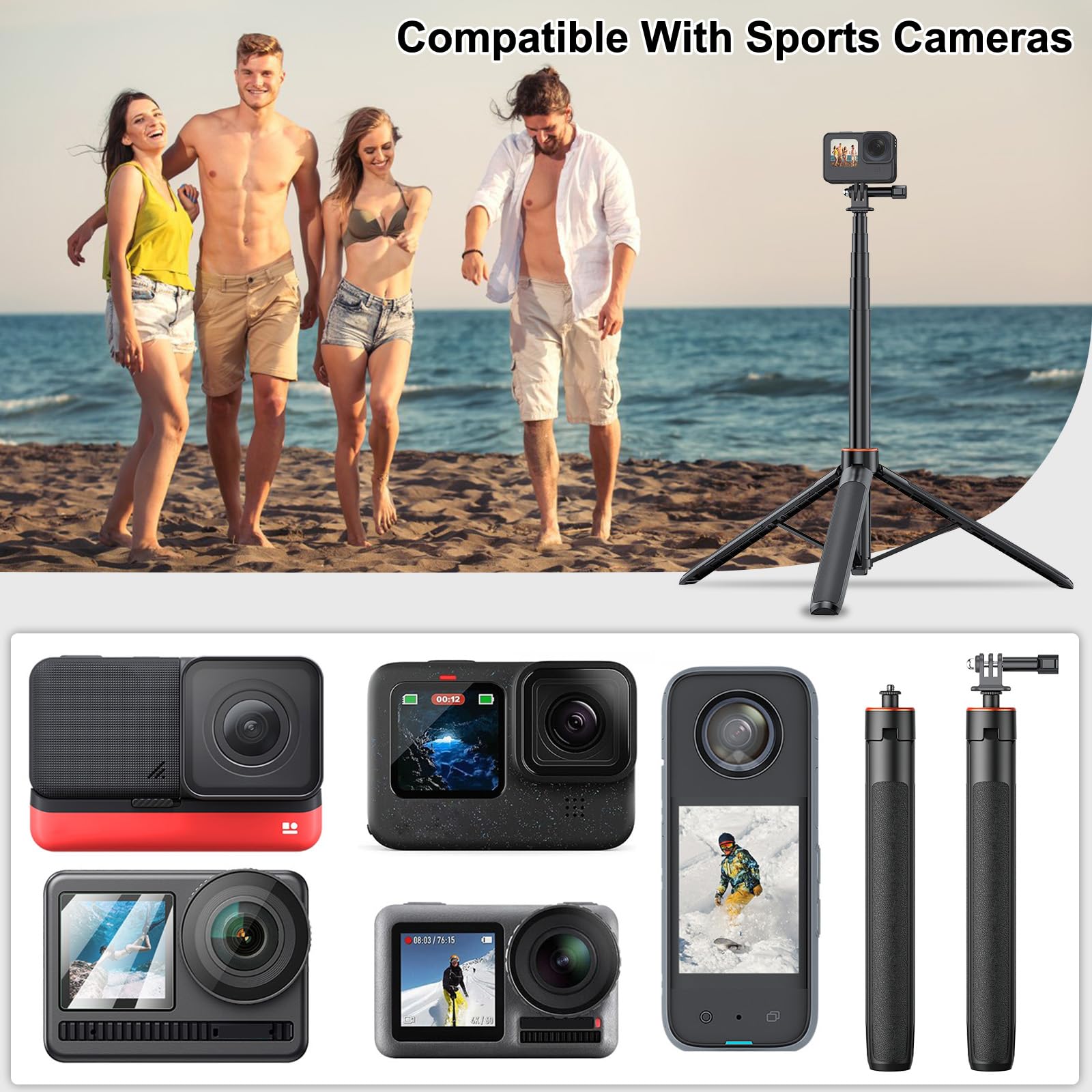 Trípode extensible para selfie de 1,4 m para cámara de acción, materiales de aleación de aluminio, soporte de cámara 2 en 1 para fotos de grupo/vlogging/transmisión en vivo para Insta360/GoPro
