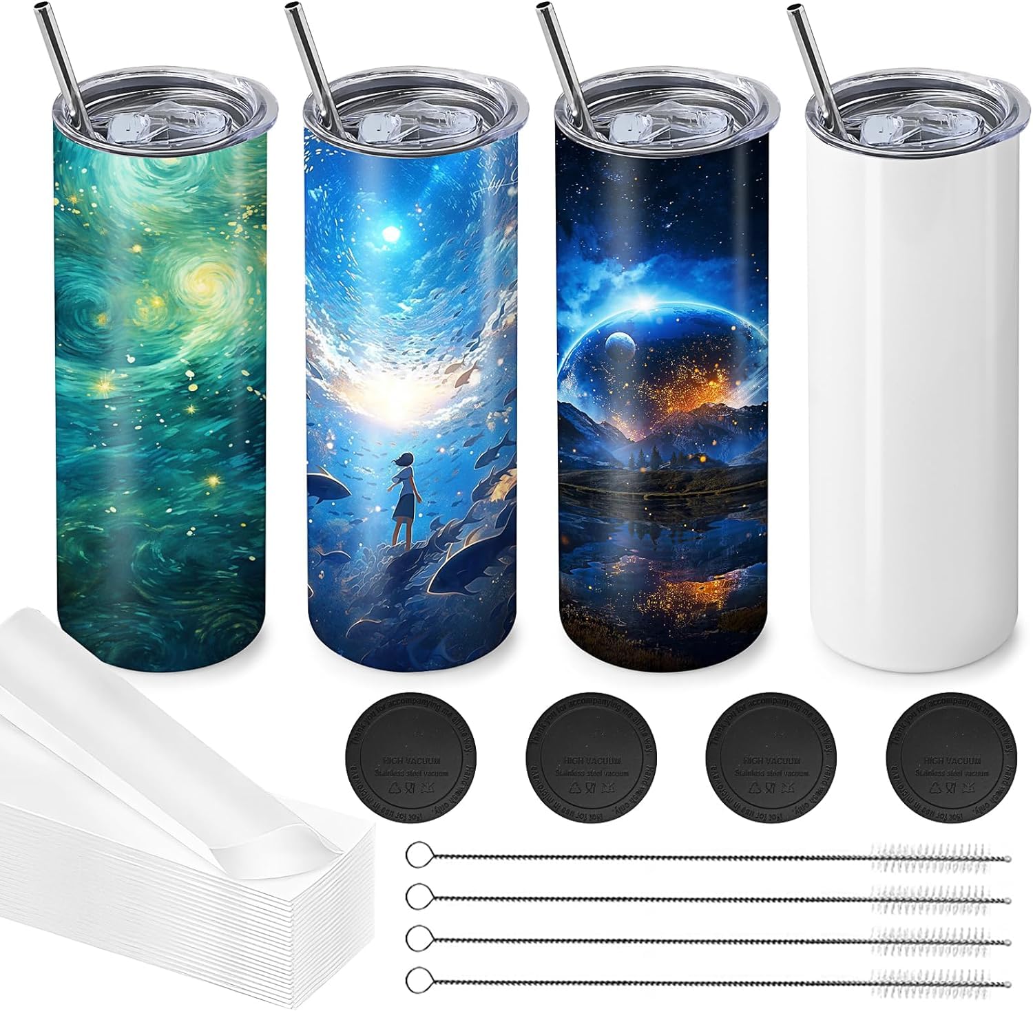 MSYU 4 Pack Sublimation Tumblers 20 oz Bulk Blank Tumblers Skinny Straight Flat Bottom Cups White with Lid and Straw