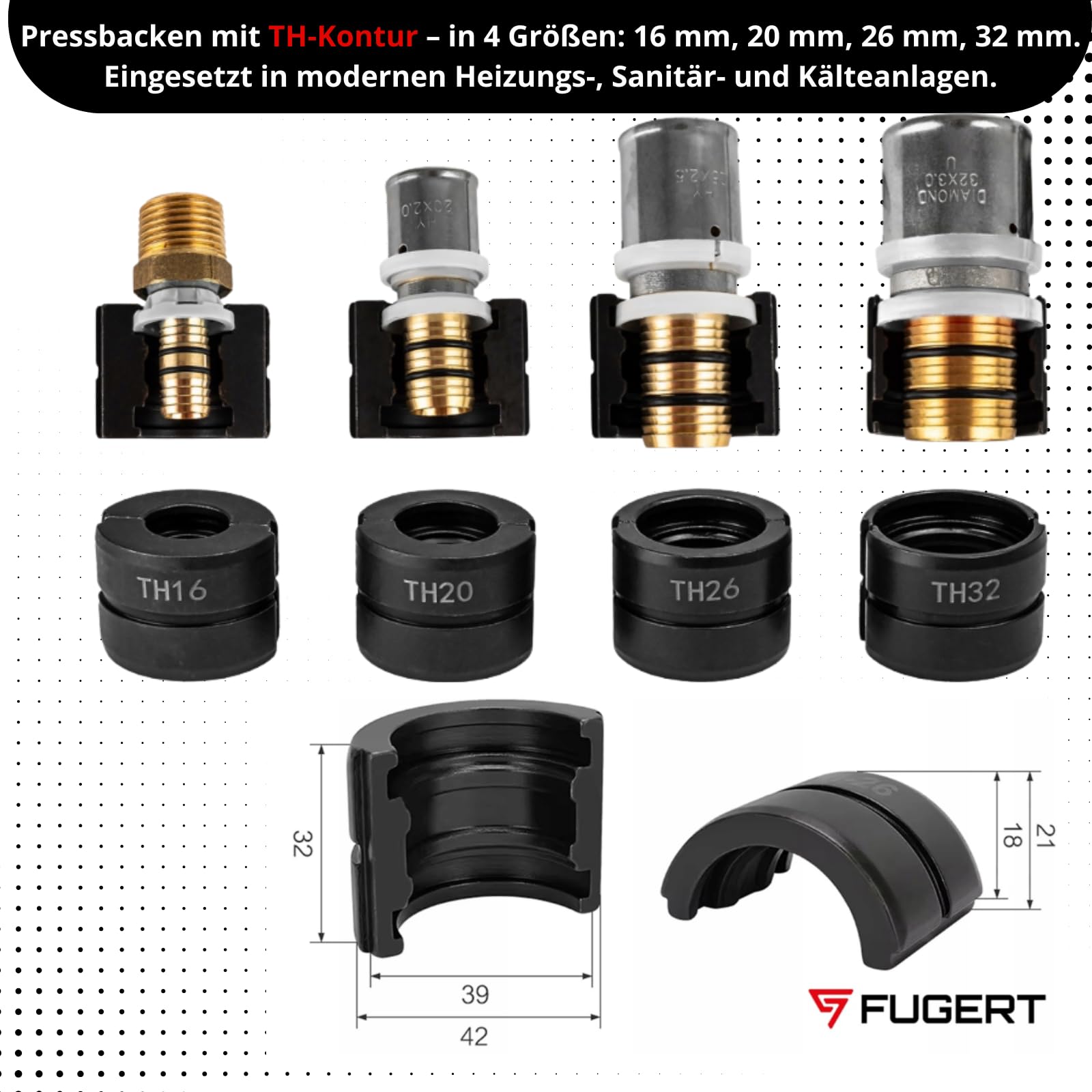 Presszange für Kupferrohr & Verbundrohr 3 Konturen V/TH/U 15–32mm - 12T Hydraulische Rohrpresszange - Edelstahlrohr - 360° Kopf - Koffer