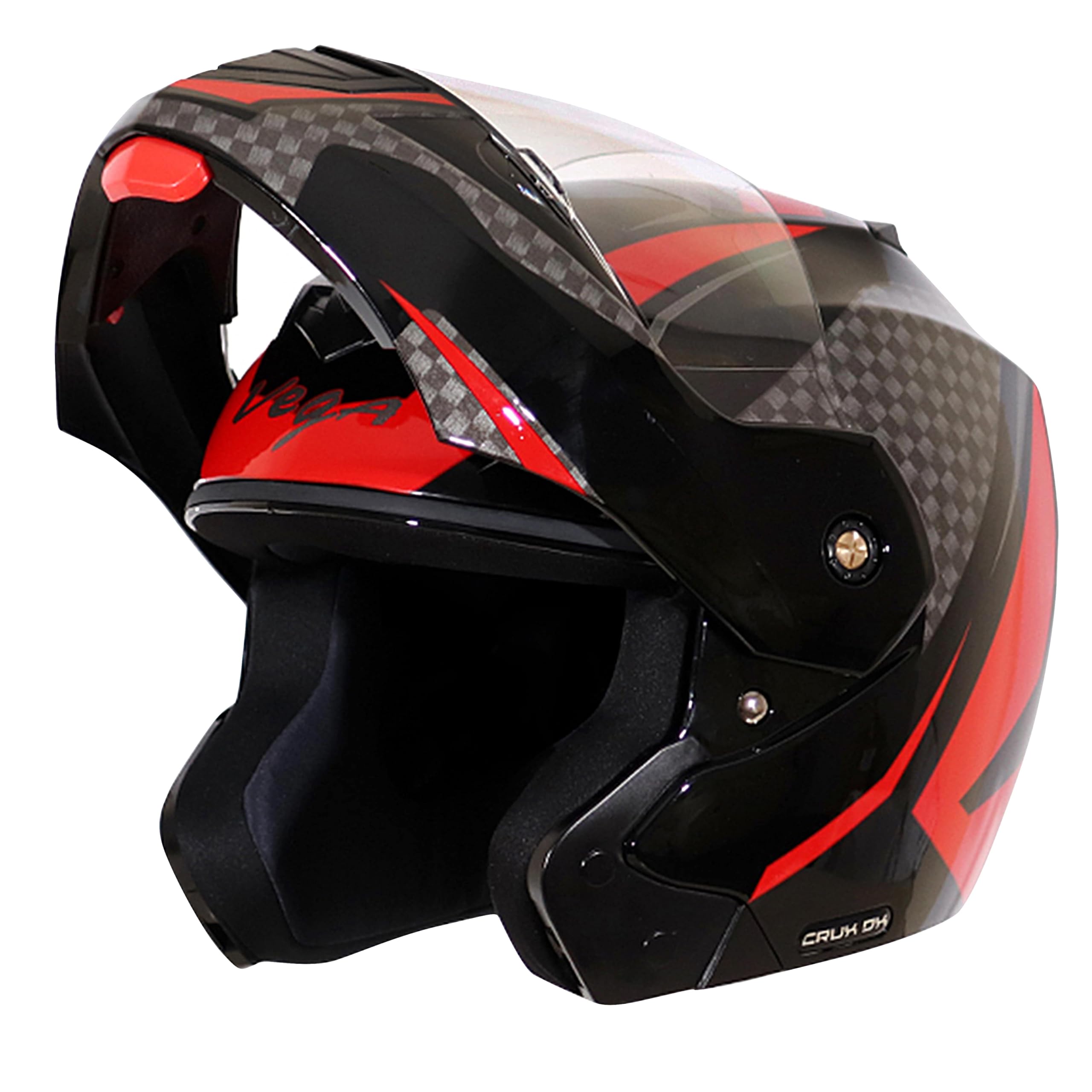 Vega Crux Dx Checks ISI Certified Gloss Smooth Finish Flip-Up Helmet for Men and Women with Clear Visor(Black Red, Size:L)