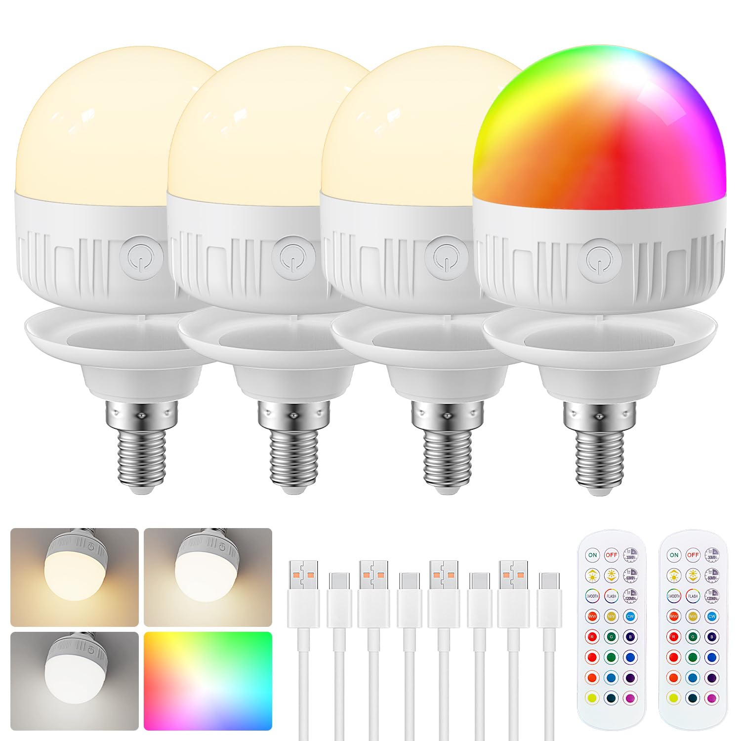 LGMCF E14 Rechargeable Light Bulb with Remote Timer and 15 Color Temperatures, 8W Dimmable Battery Backup Bulb for Sconces and Lamps, Detachable Charging RGB LED Bulb for Non Hardwired Lamps, 4 Pack