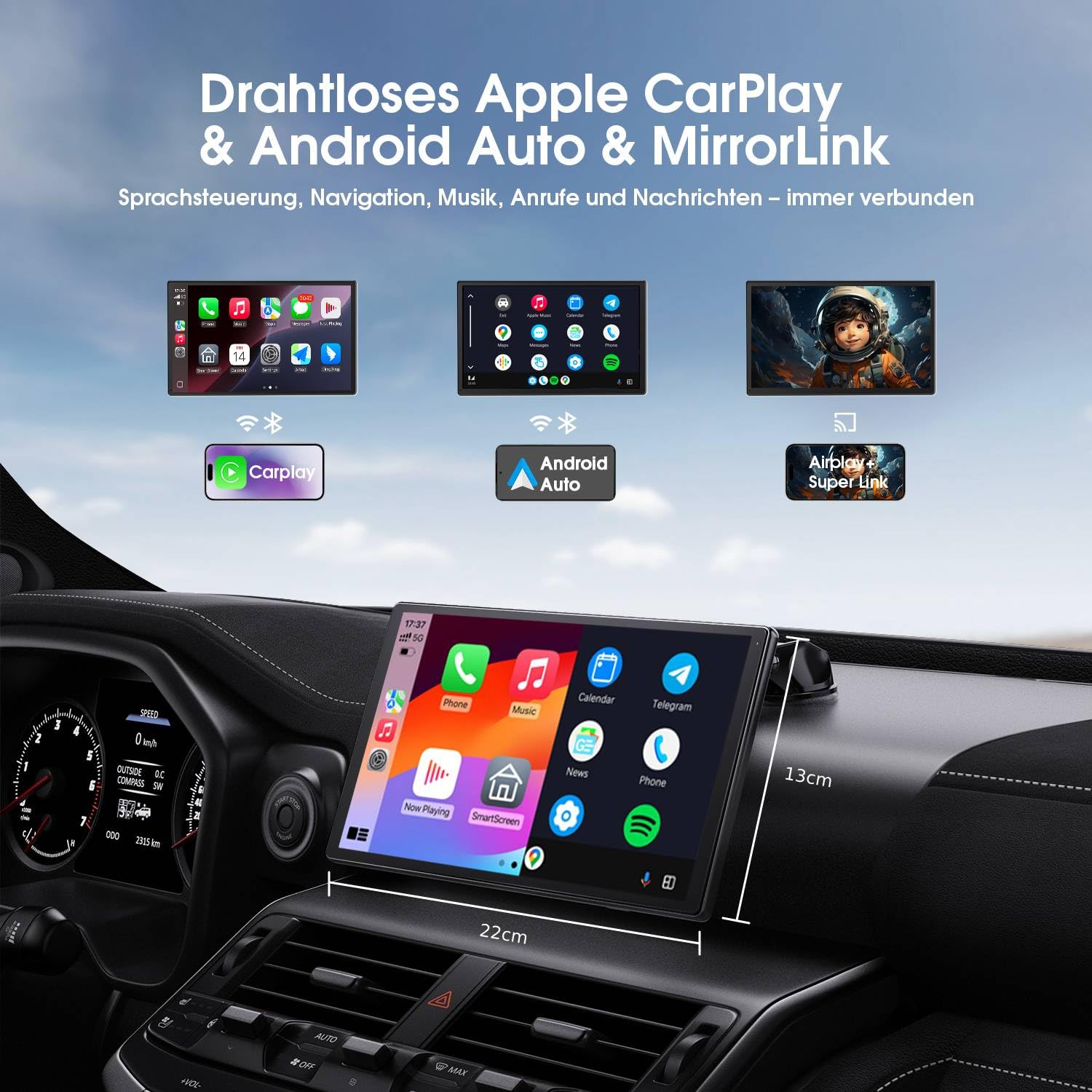 Avylet 9 Zoll Wireless Carplay Display für Apple Carplay & Android Auto, Tragbarers Carplay Autoradio mit Magnetischer Halterung, OTA-Updates, IP67 Rückfahrkamera, GPS Navigation, Bluetooth 5.0