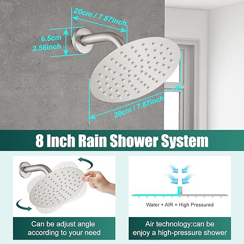 Miniatura 3 de Juego de grifo de ducha de 8 pulgadas, cabezal de ducha y mango redondo, sistema de ducha de acero inoxidable, cabezal de ducha de una sola función,