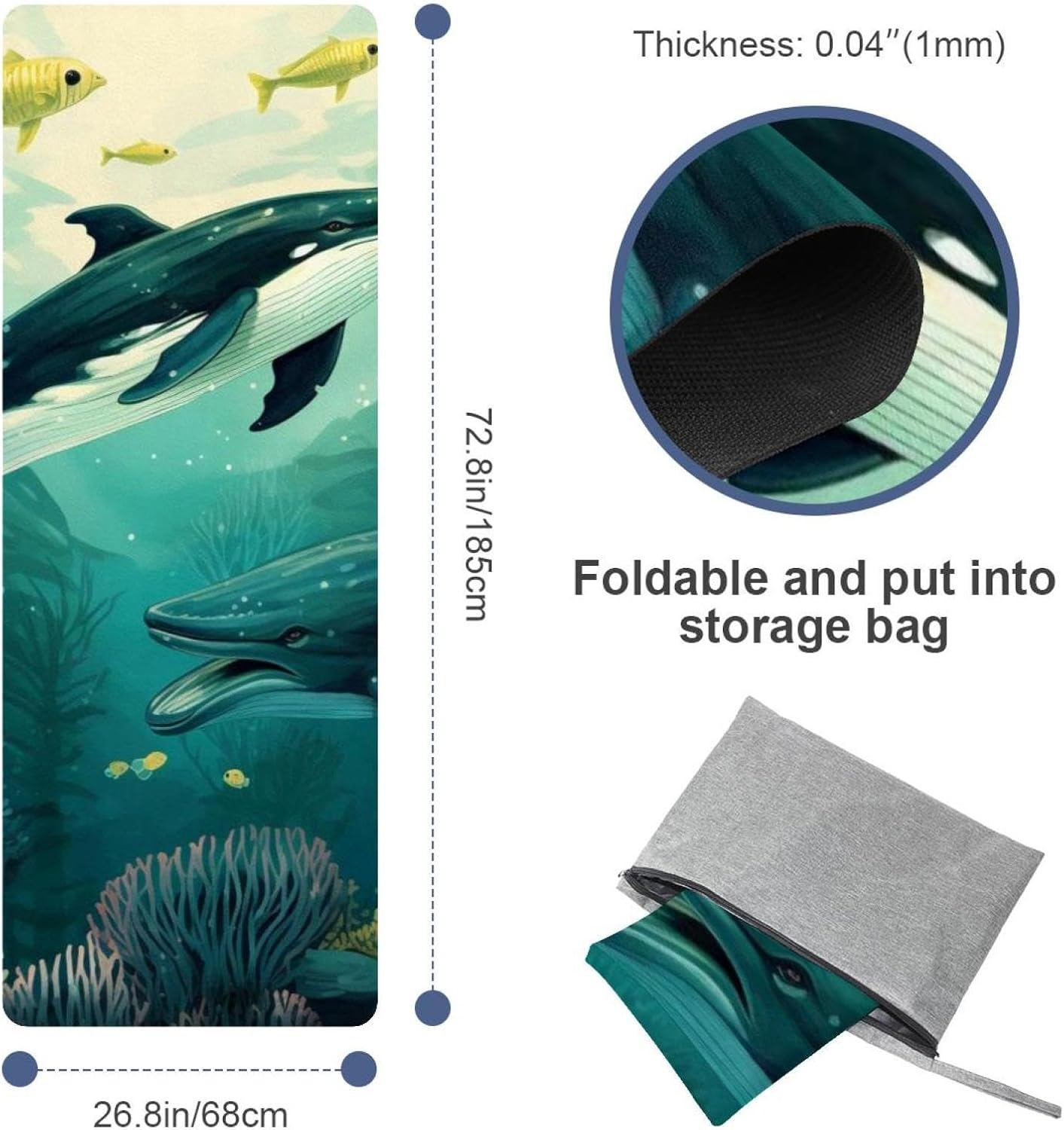 Yoga Towel, Whale Sea Pattern Non Slip Sweat Absorbent Hot Yoga Mat Towel for Hot Yoga, Pilates and Fitness - 72.8" x 26.8"