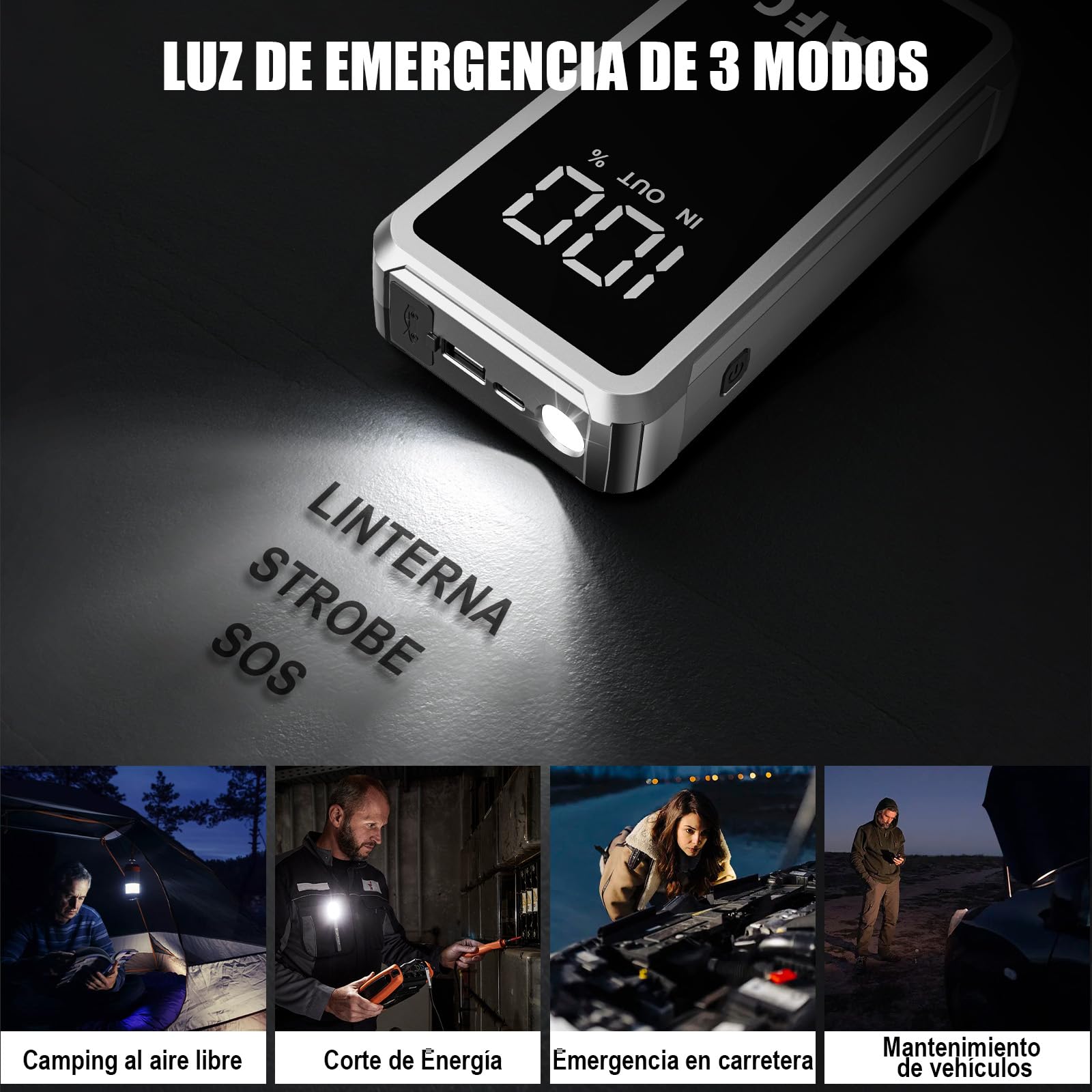 Arrancador De Coches 12000mAh, 5000A Arrancador De Baterias De Coche 12V(10L Gasolina/6L Diesel), Arrancador Bateria Moto con 3 Modos LED, Pantalla LCD, Salidas USB 2.0, Bolso de Mano — view 5