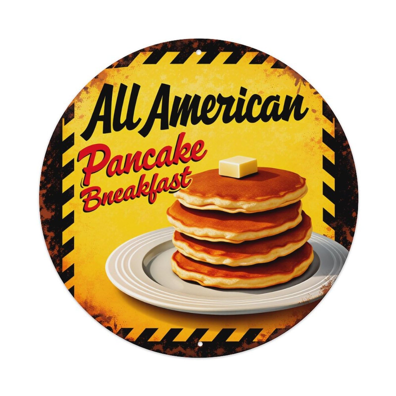 Lzwbntey Vintage All American Pancake Breakfast Pattern Metal Tin Sign Retro Wall Decor For Home Bar Garage Cafe, Indoor & Outdoor Decorative，Circle Metal Poster, 8X8 Inch