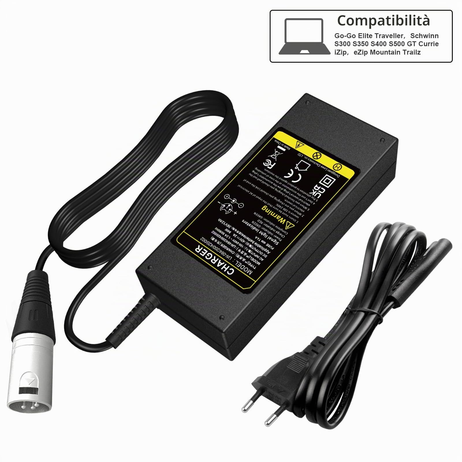 Labtec Caricabatteria 42V 36V 2A per Batteria al litio con connettore XLR a 3 pin per Bici Elettrica Monopattino Elettrico Sedia a Rotelle Elettrica