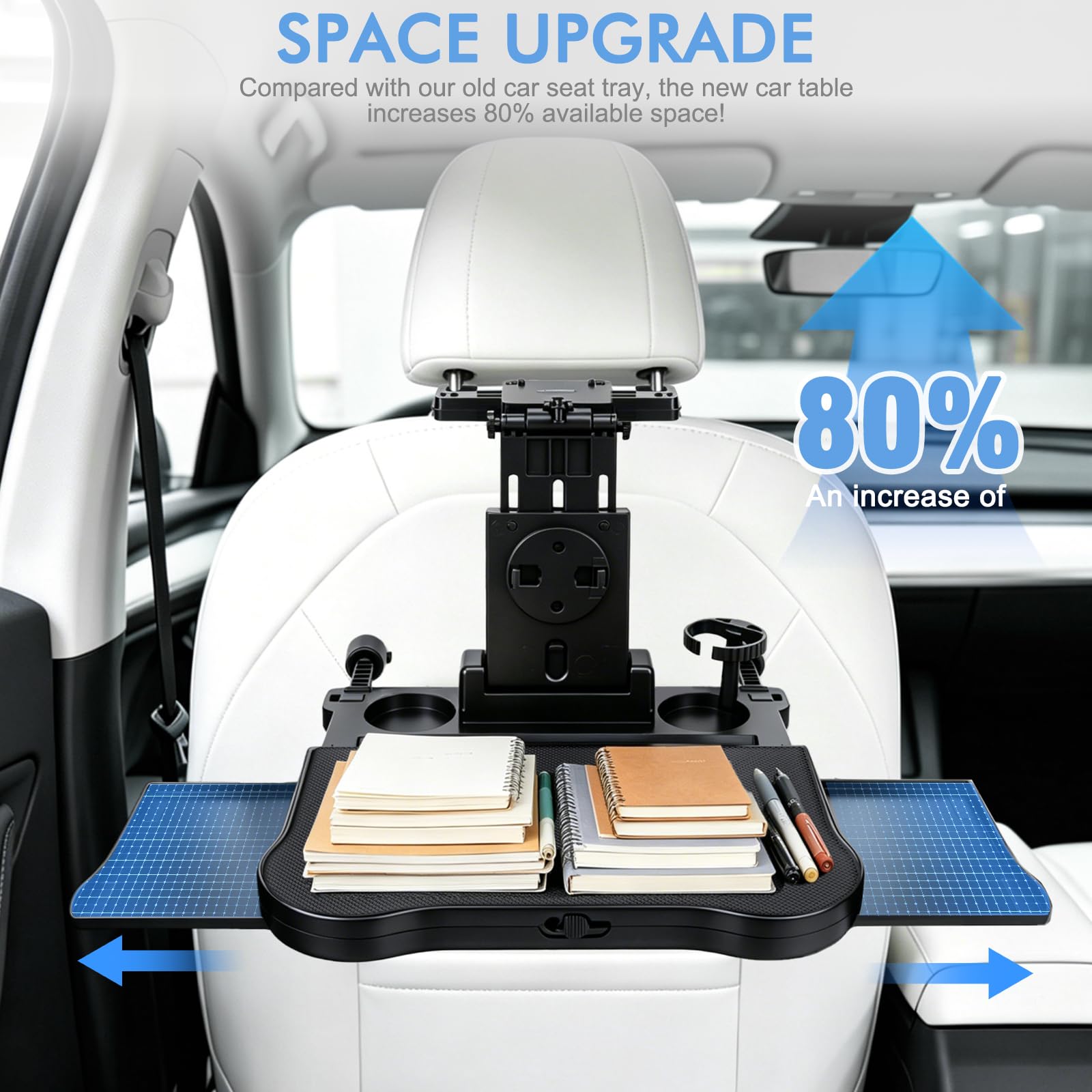 Tavolino Auto, Tavolo Da Pranzo Per Sedile Posteriore Passeggero con Portabicchieri e Supporto, Telescopico, Pieghevole, per Bambini, Viaggi, Lavoro, Pasti (Portata 20kg)