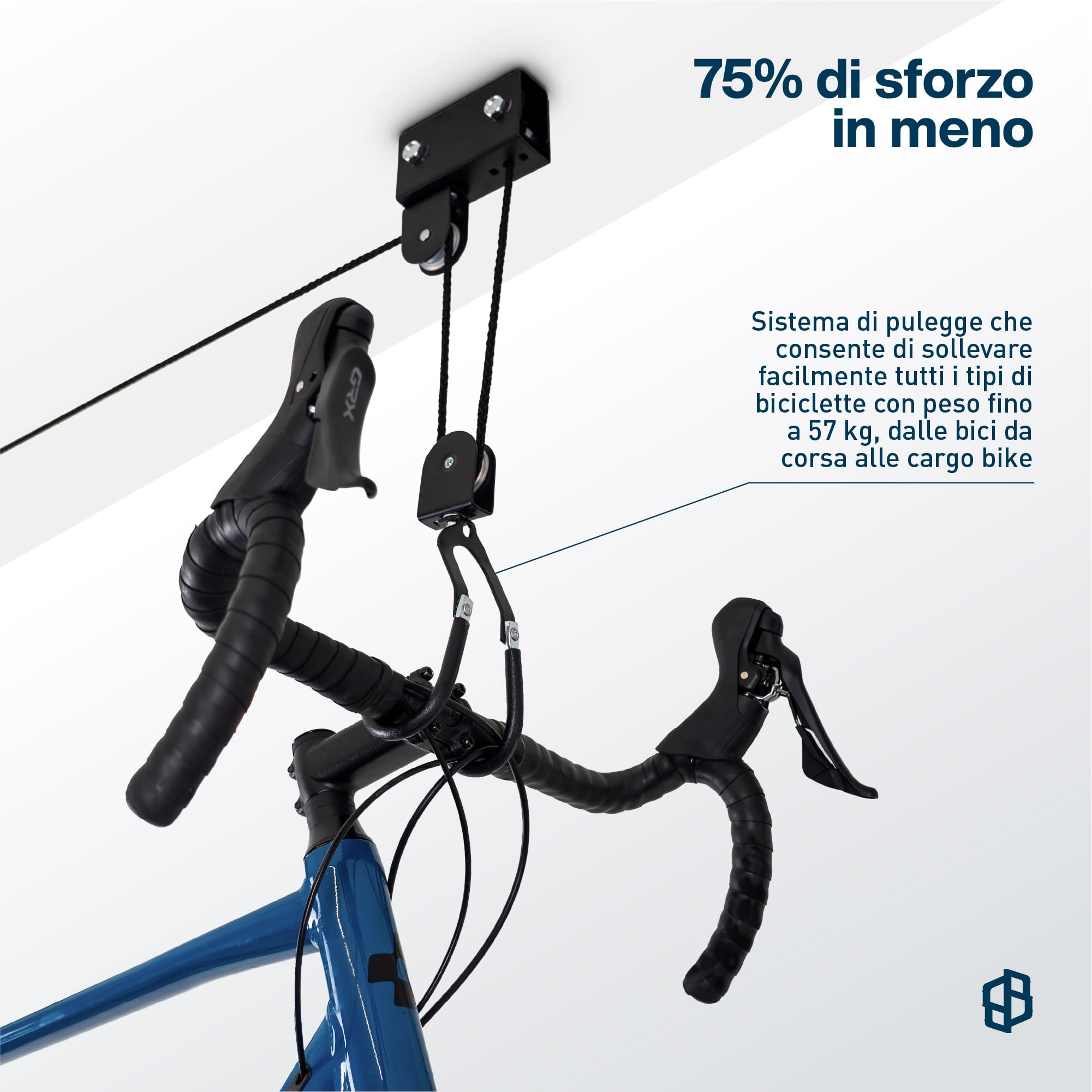 Supporto per bicicletta da soffitto per garage con puleggia | Supporto da parete per bicicletta, box da tetto, canoa ecc. | Sospensione "Louis Lift" | 70002