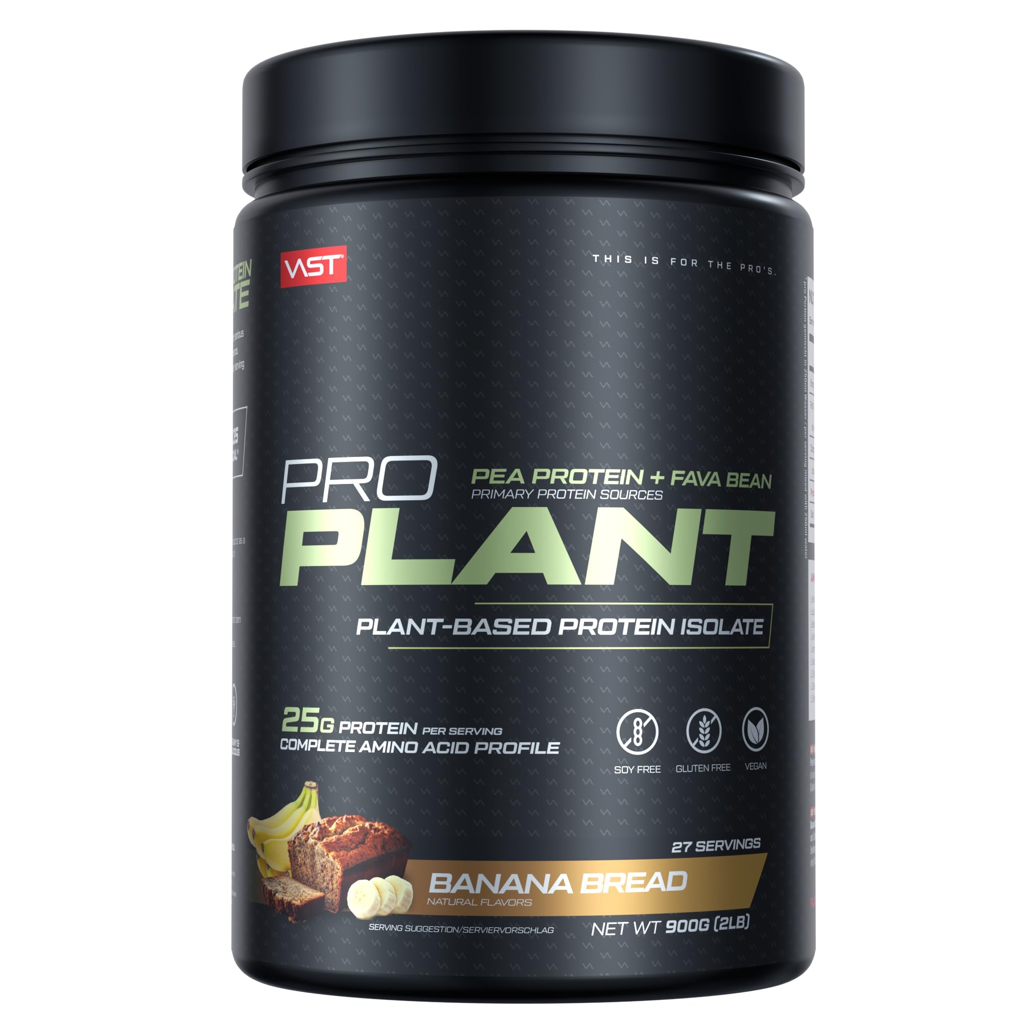 VAST PRO PLANT veganes Proteinpulver Banana Bread, 900 g, 25 g pflanzliches Protein pro Portion, mit Erbsenprotein & Favabohnenprotein, ohne Zuckerzusatz