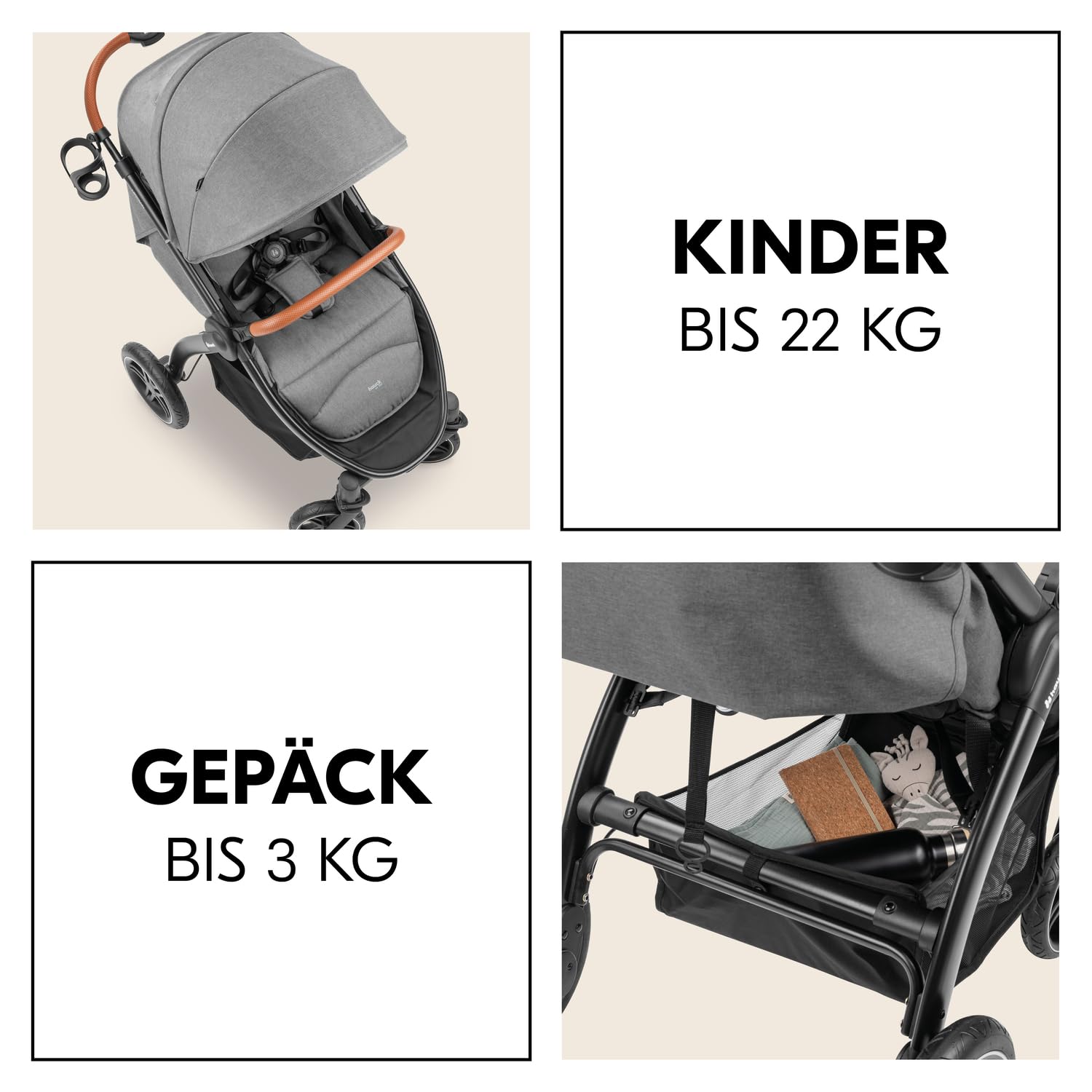hauck Uptown, Melange Grey - Kinderbuggy mit Liegeposition ab Geburt, Breiter Sitz bis 22 kg, Getränkehalter, Gummiräder, Federung, UV Schutz 50+, Faltbar, Höhenverstellbar, Großer Korb