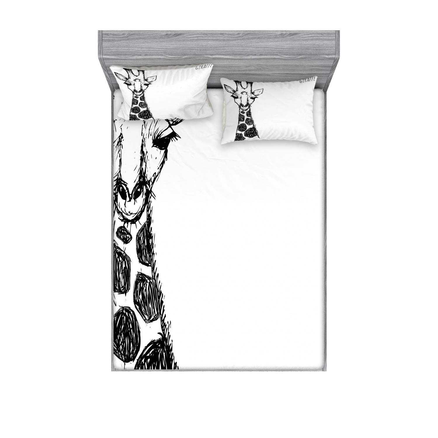 Ambesonne Black and White Fitted Sheet & Pillow Sham Set, Graphic of Safari Giraffe Tall Neck Spots West Wild Character, Decorative Printed 3 Piece Bedding Decor Set, Calking, White and Grey