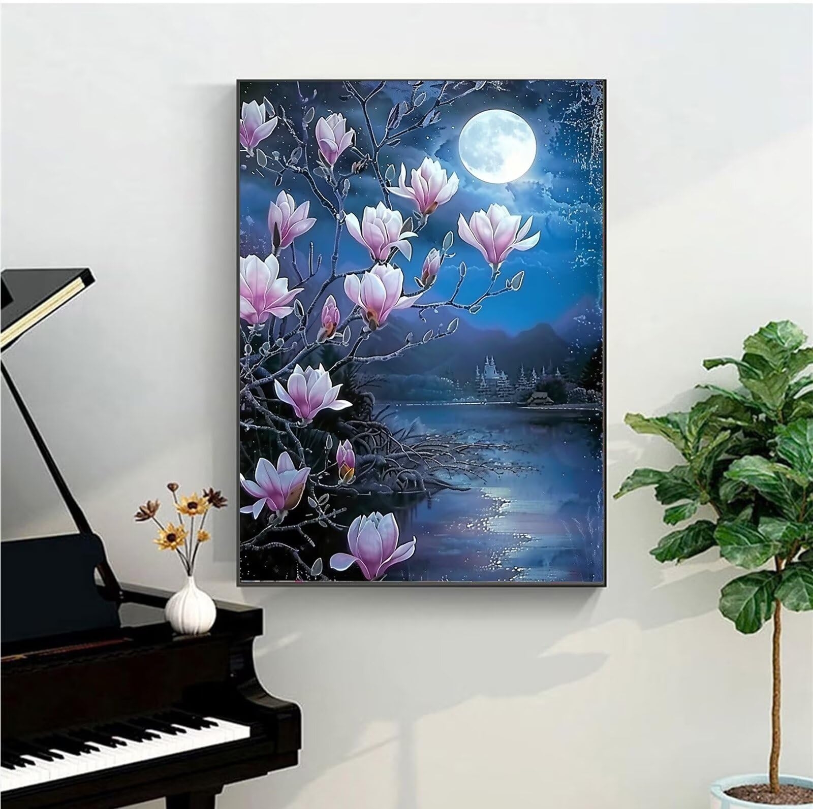 Blume-Malen nach Zahlen für Erwachsene, DIY digitales Ölgemälde-Set auf Leinwand mit Pinseln und Acrylpigment, Magnolie Street Artwork für Heimdekoration 60x80cm (mit Rahmen)