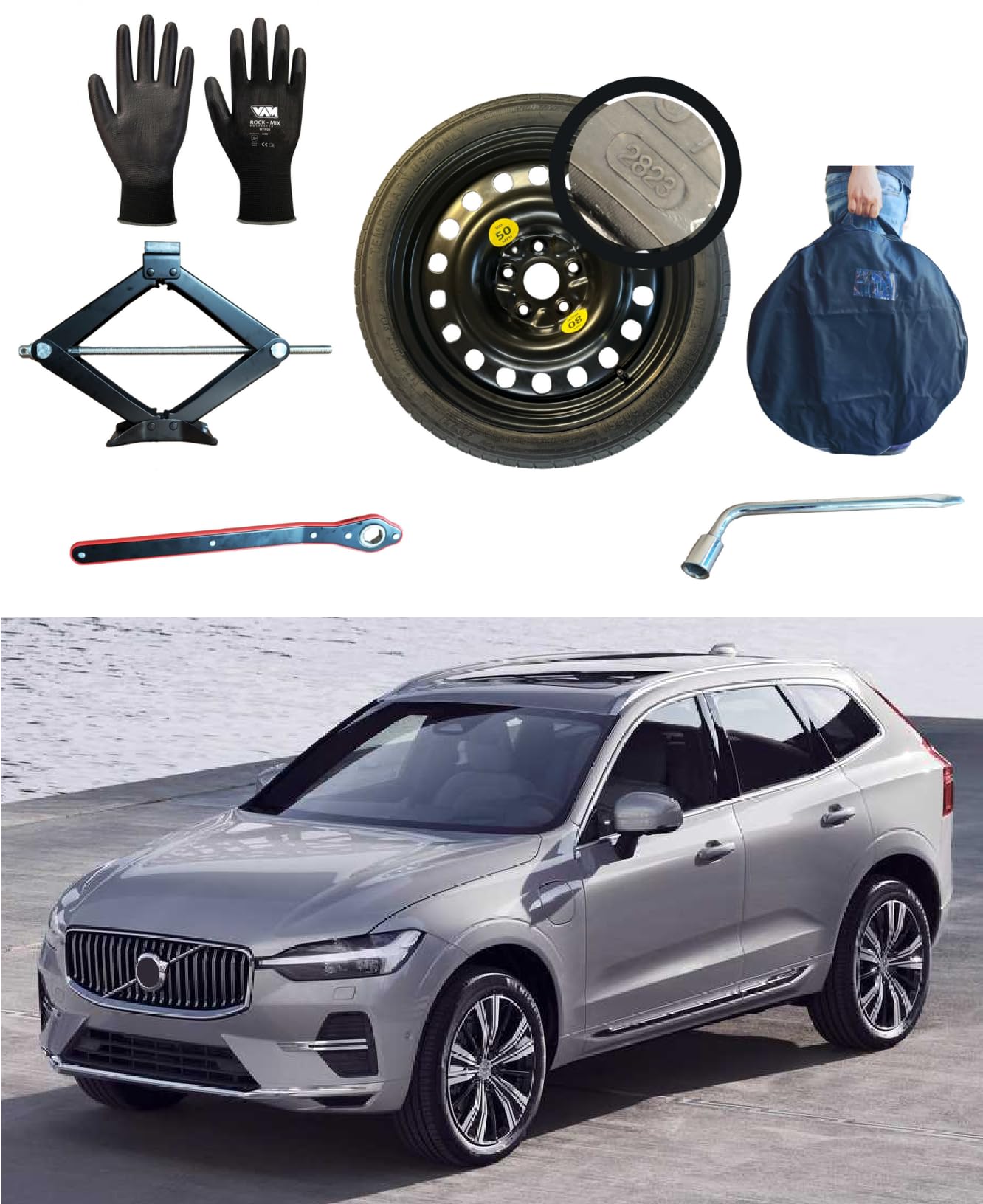 Kit Rueda de repuesto 18" compatible con Volvo XC60 con Gata, Llave, Guantes y Funda 125/80R18