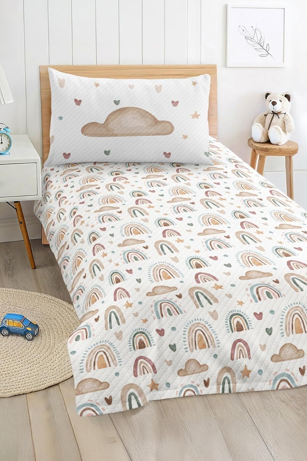 SODEF Bedspread Quilt Set Twin Size Pastel Rainbow Cloud and Heart Design for Baby and Kids, Lightweight Cotton Polyester Blend, 2 Piece Set - Multicolor, One Size