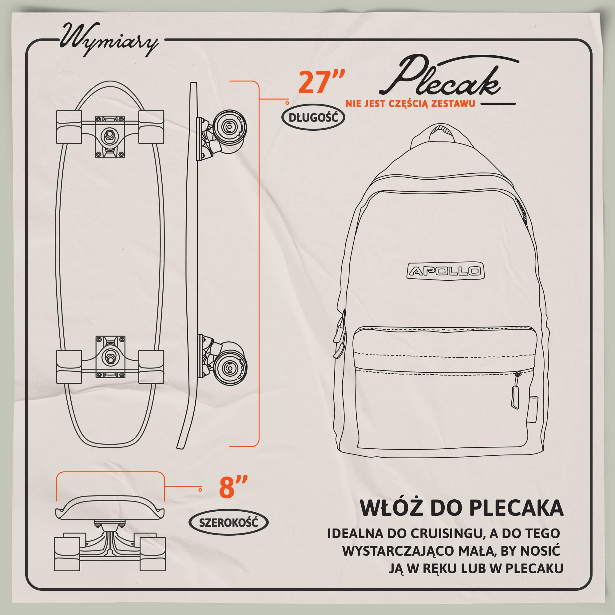 Apollo Mini longboard | Midi Cruiser jako kompletna deska, 70 cm (30 x 8), dwustronna mini longboard z drewna w stylu vintage, longboard dla dorosłych z łożyskami kulkowymi High Speed ABEC 9