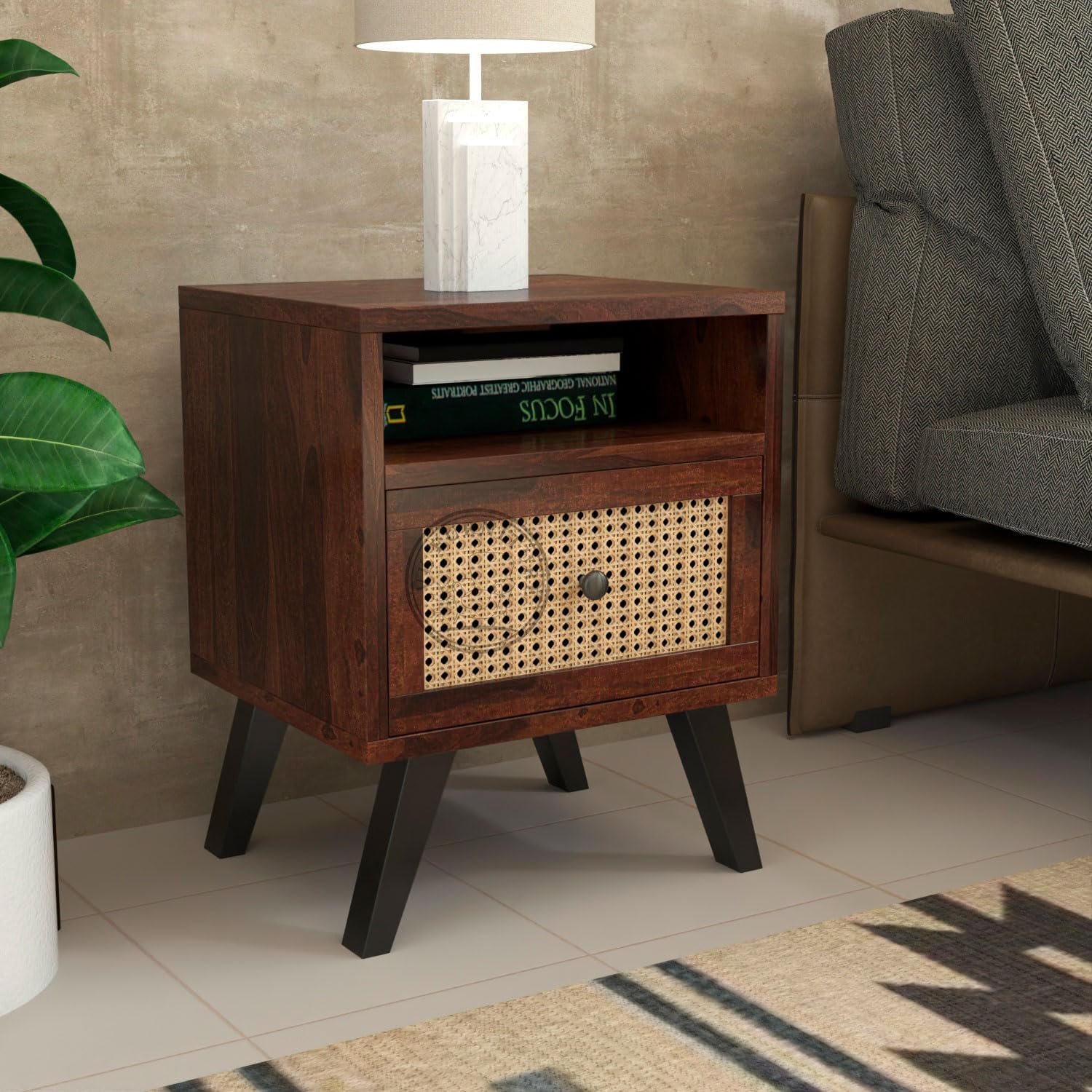 Wooden Bedside Table with Cane Rattan Drawer & Open Shelf | Modern Nightstand for Bedroom (Walnut Finish)-image-34