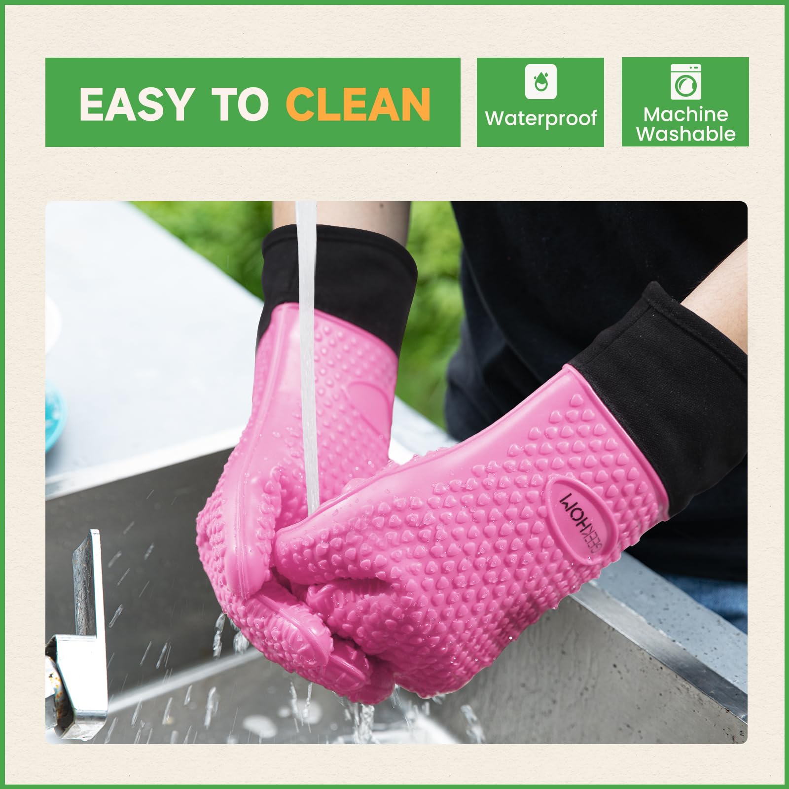 GEEKHOM Silicone Oven Gloves Heat Resistant Silicone Oven Mitts BBQ Gloves Waterproof Kitchen Gloves - Image 3