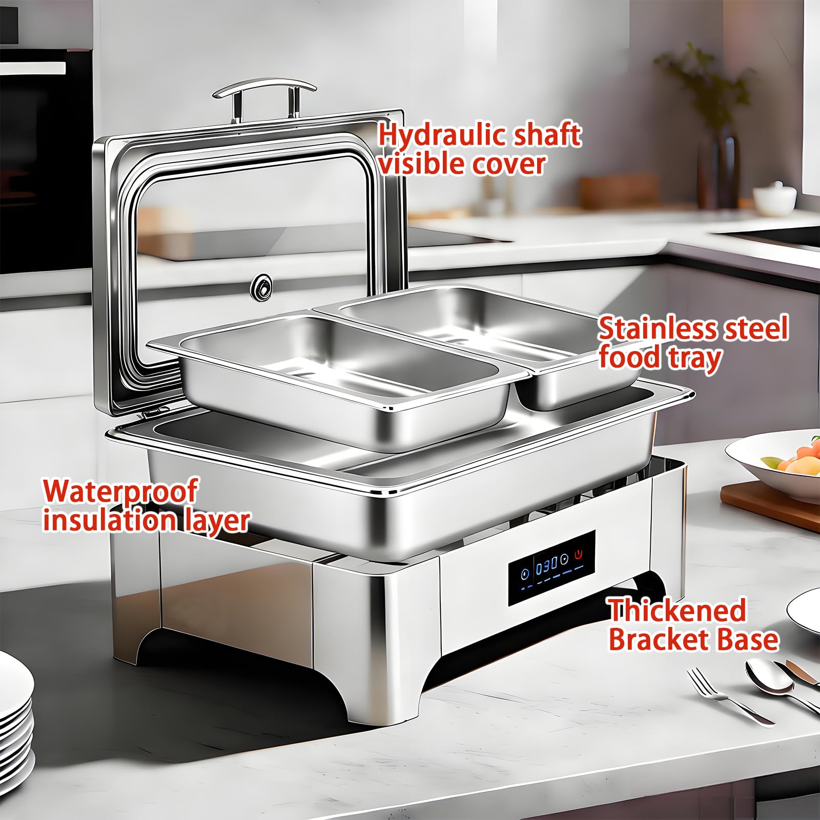 Chafing Dish Buffet Elettrico 9L(1/2 Pan) | Professionale Scaldavivande Buffet Elettrico Acciaio Inox Temperatura Regolabile per Catering Buffet con Coperchio in Vetro