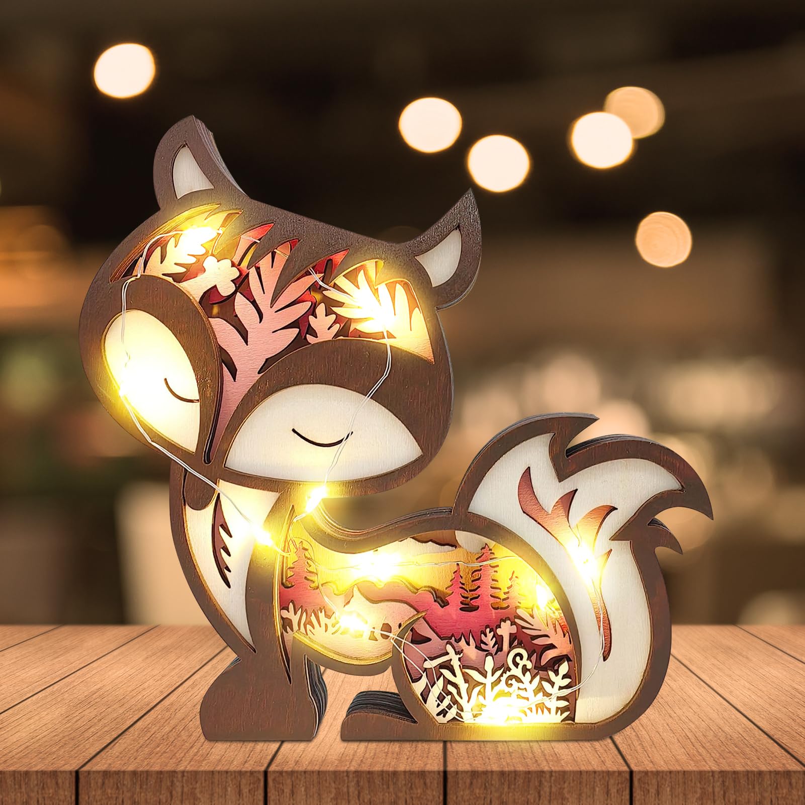 Herbstdeko Beleuchtung Holz Tiere Deko, 3D Herbst dekoration Holz Elefant Löwe mit LED Lichterkette, Herbst Deko Innen Lampe Für Schlafzimmer Wohnzimmer Tischdeko, Geschenk (Fuchs) Beleuchtung