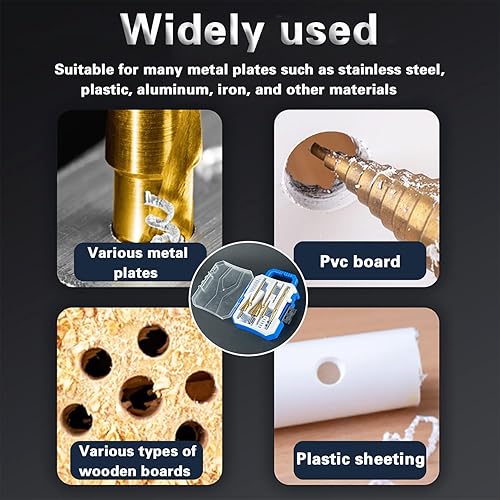 Miniatura 9 de Juego de brocas escalonadas, 7 piezas, revestimiento de titanio, con punzón central automático, cuchillas de corte dobles de longitud corta,