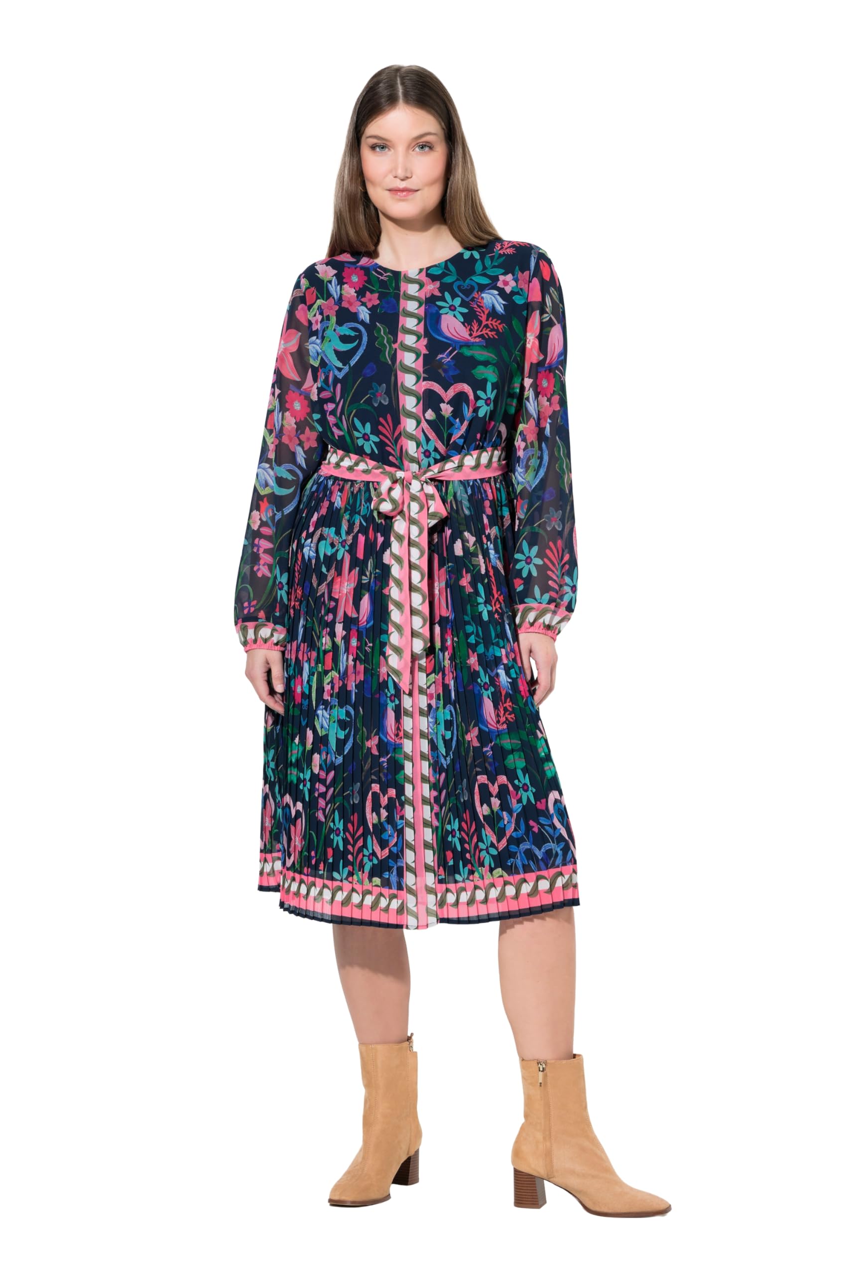 Ulla Popken Damen große Größen Übergrößen Plus Size Midikleid, plissierter Rock, A-Linie, Rundhals, Langarm 845649