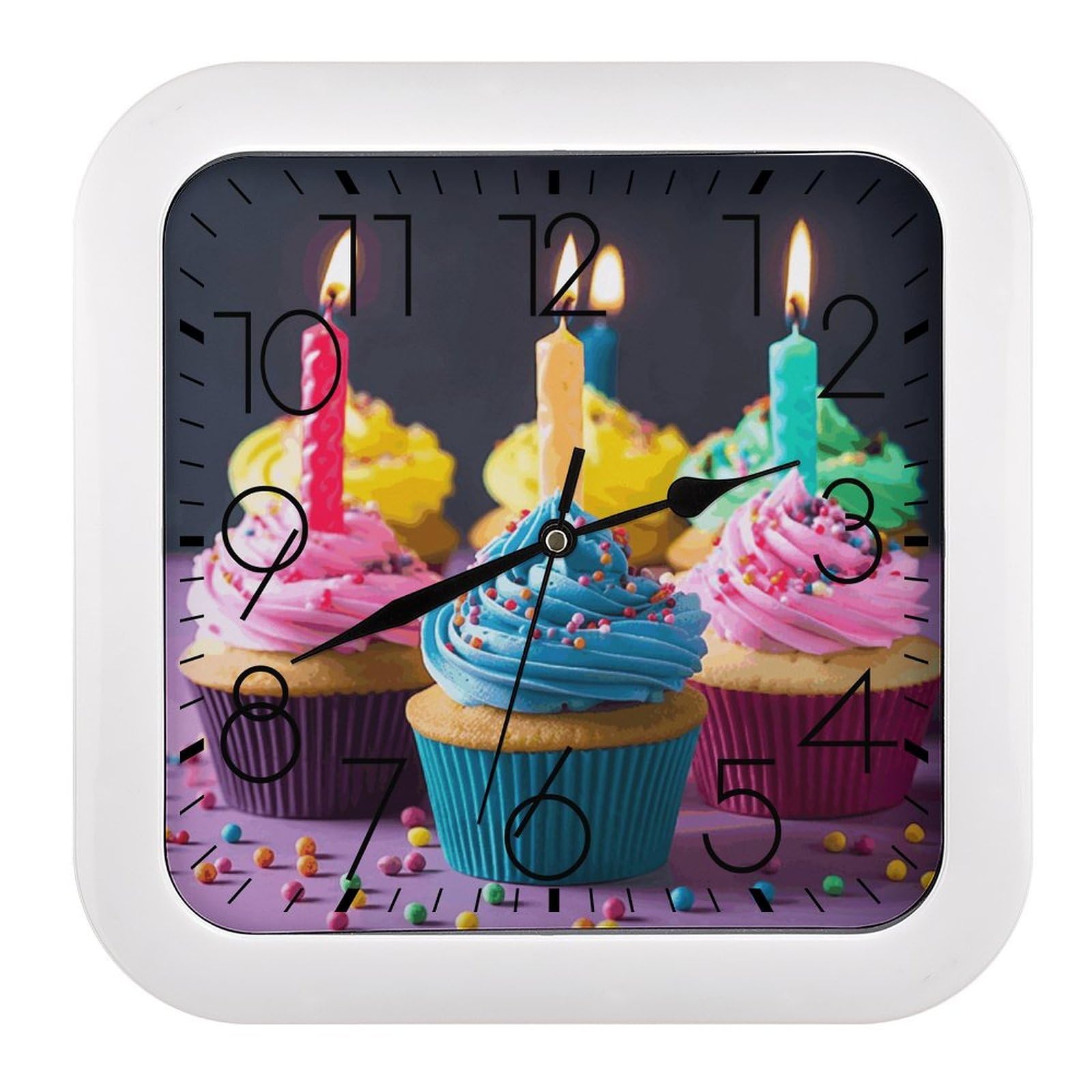JTREHY Colorful Happy Birthday Cupcakes Wall Clock The Sound is Soft Square Timepiece Fashion Precise Easy to Read Numbers | Perfect Living Room Kitchen Or Office Clocks