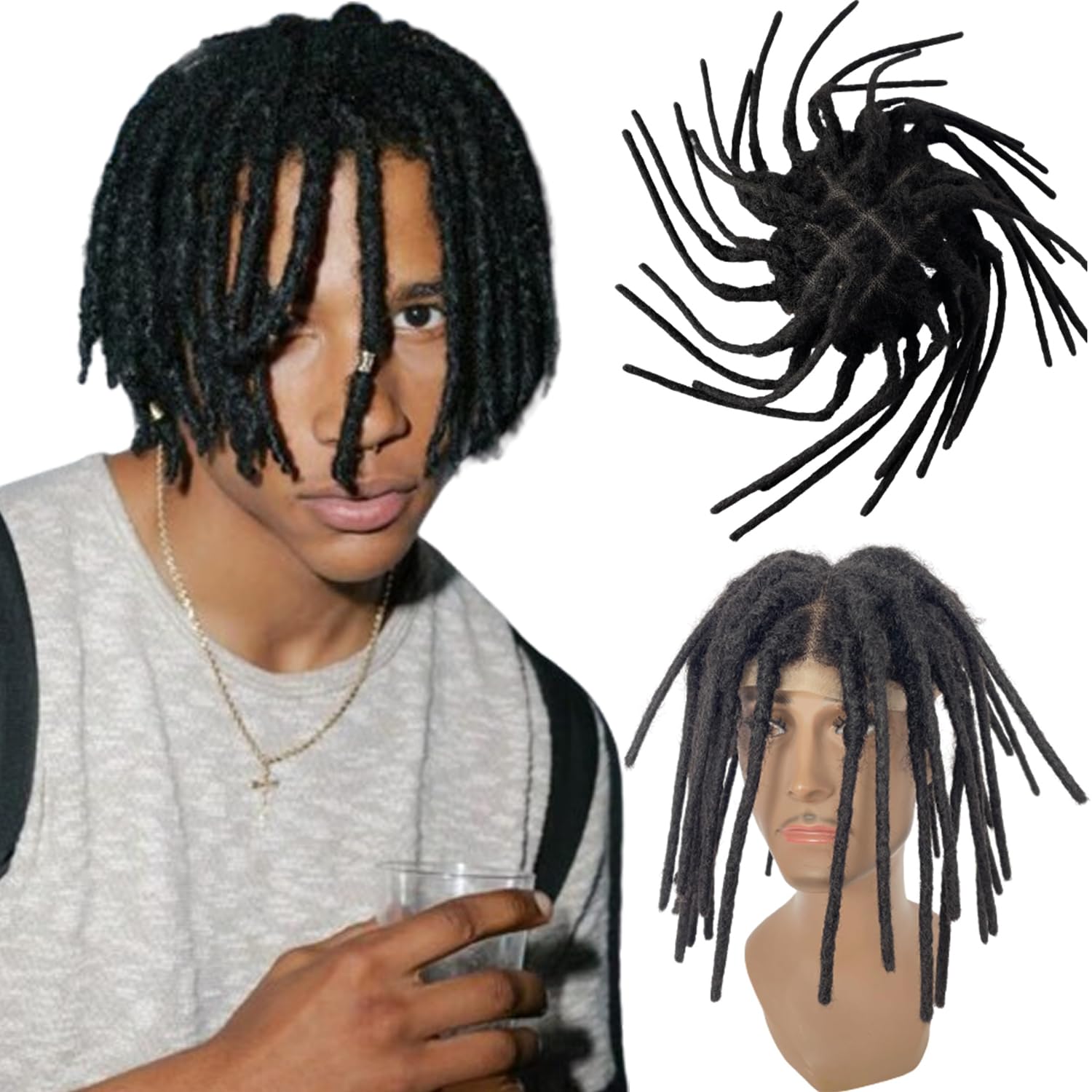 10inch Transparent Full Lace Base Afro Dreadlock Extensions Toupee For Men and Women, 0.6cm Loc Extensions Human Hair Dreadlock 10x8inch Black Color