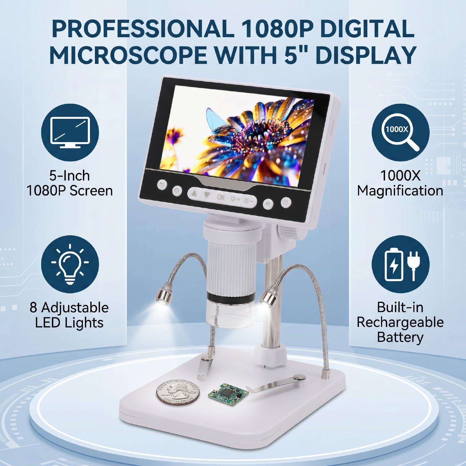 Digitales Mikroskop, 1000-faches Münzmikroskop mit 5-Zoll-1080P-LCD-Bildschirm, 8 Einstellbaren LED-Leuchten, Wiederaufladbare USB-C-Mikroskopkamera für Münzsammlung,