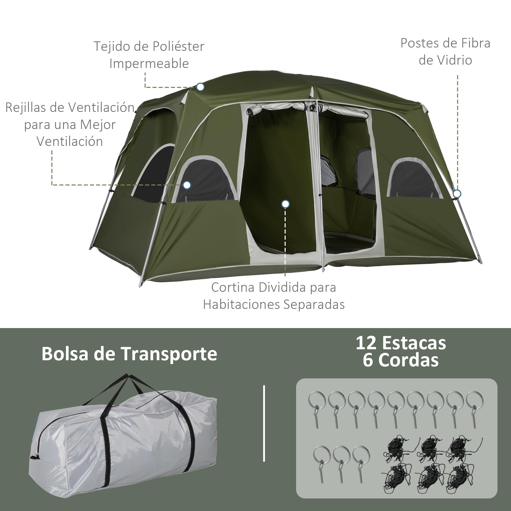 Outsunny Tienda de Campaña Familiar para 4-8 Personas con 2 Dormitorios Tienda de Camping Grande con 2 Bolsillos y Ventanas con Malla Impermeable 400x275x210 cm