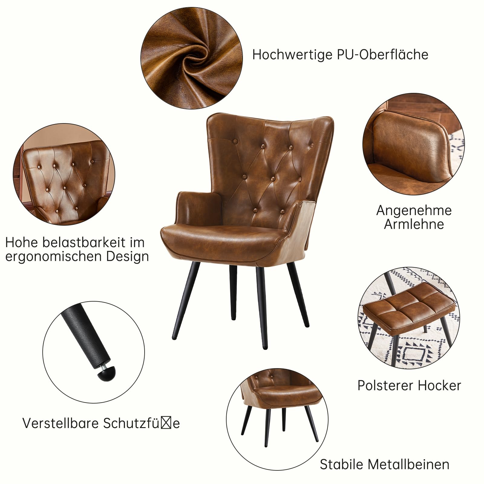Sessel mit Hocker, Ohrensessel mit Hocker aus PU-Kunstleder, Sessel Wohnzimmer Relaxsessel mit Fußstütze Loungesessel Polstersessel fürs Wohnzimmer Schlafzimmer Arbeitszimmer, Braun