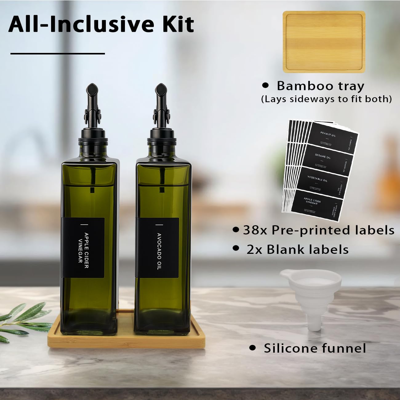 Olivenöl-Spenderflasche für die Küche mit Bambus-Tablett, 480 ml, Glasöl- und Essigspender-Set, Sojasauce und Sirupflasche, modernes Gastgebergeschenk (grün, 2er-Set)