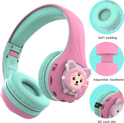 Miniatura 5 de Riwbox Kids Headphones, CB-7S Cat Kids Toddler Headphones with LED Light, 758595dB Volume Limited, Kids Bluetooth Headphones with Mic for