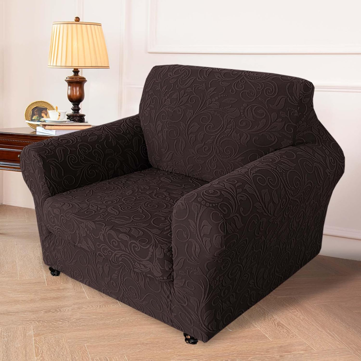 Stretch Chair Couch Cover,2 Piece Armchair Cover Spandex Jacquard Fabric Sofa Covers with Elastic Bottom,Washable Furniture Protector for Dogs,Cats,Kids (Chocolate)