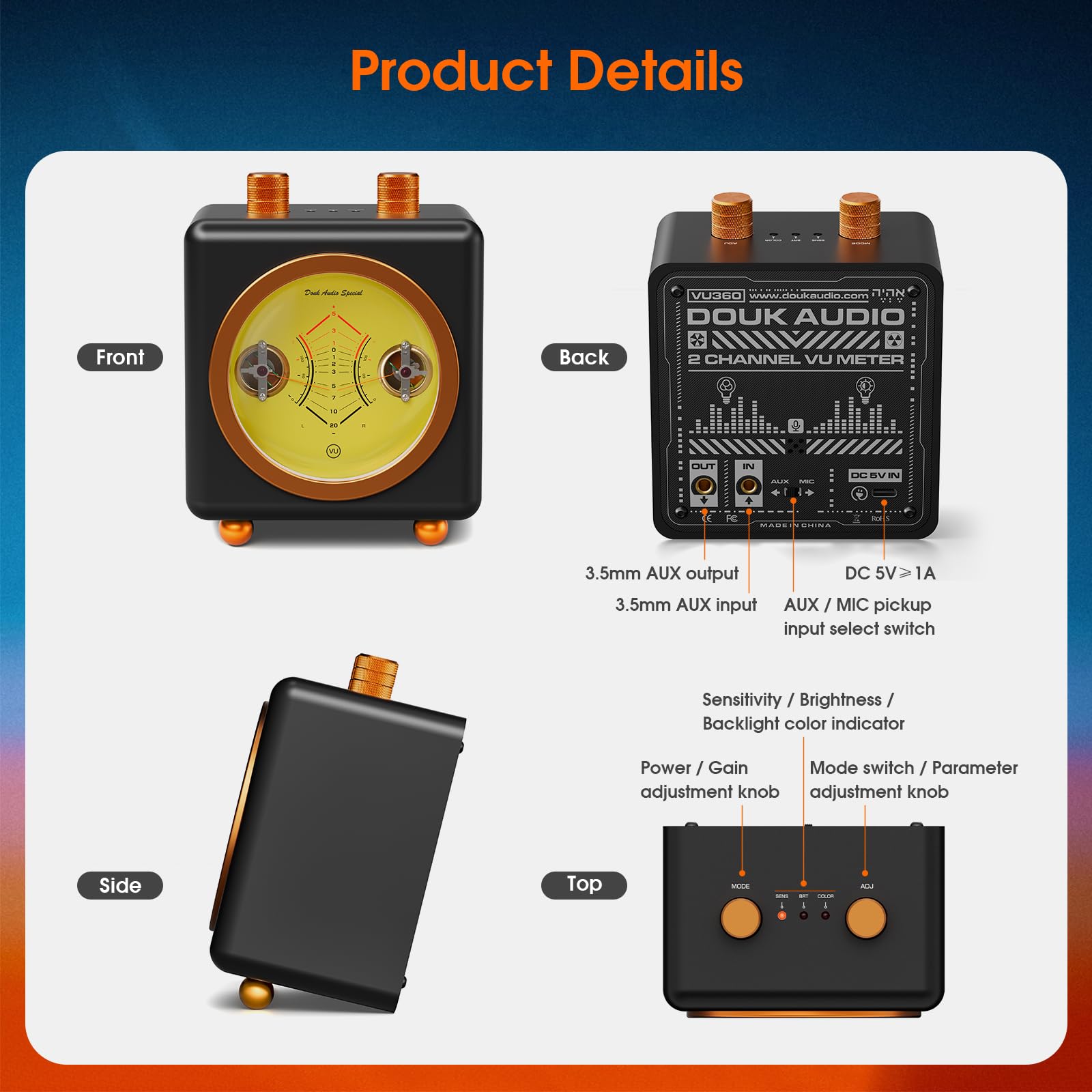 DoukAudio VU360 Retro Analog VU-Meter: mit Großem Display und Zwei Zeigern, Zwei Eingängen (Mikrofon/Line), Musikspektrumanalysator mit 7 Farbmodi, Musikliebhaber & Gamer (Yellow)