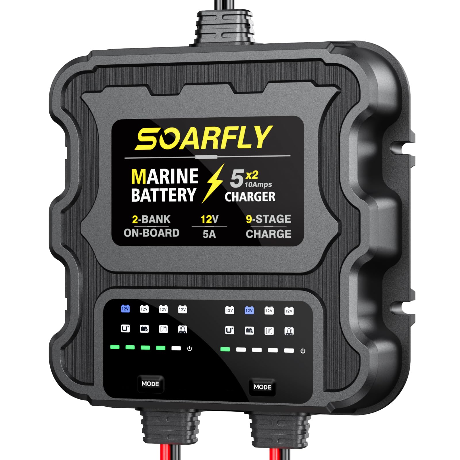 SOARFLY 2 Bank Marine Battery Charger, 10A (5A/Bank) 12V Waterproof On BOAD Boat Battery Charger, Battery Maintainer & Desulfator for SLA/AGM, Lithium (LiFePO4), Calcium & Deep-Cycle Battery