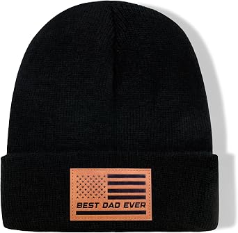 Beanie Hat for Dad, Leather Patch Knit Cuffed Winter Hat for Men