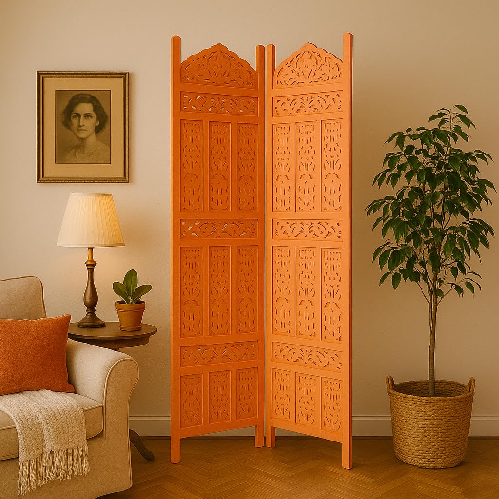Handcrafted Wooden Room Divider 2 Panel | 6 Feet Tall Premium MDF Foldable Privacy Screen | Decorative Partition for Living Room, Bedroom, Office & Home Decor (Orange)