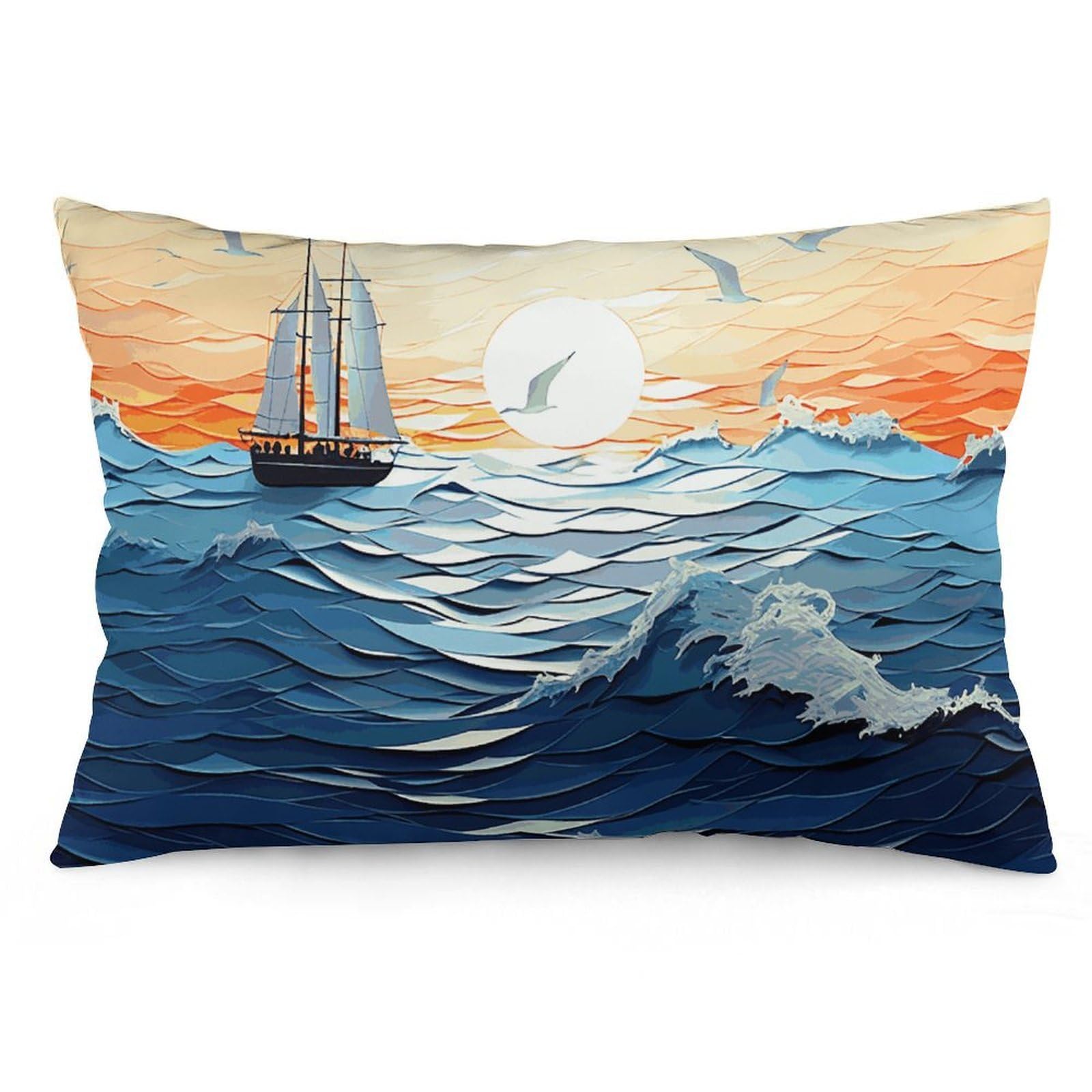 Velvet Pillowcases Standard Size 12 "x20, Ultra Soft Breathable Pillow Cases for Bed, Luxury Cozy Fuzzy Pillow Shams, Lumbar Pillow Cover, Ocean Waves Sailboat with Birds Maritime Cushion Case Home