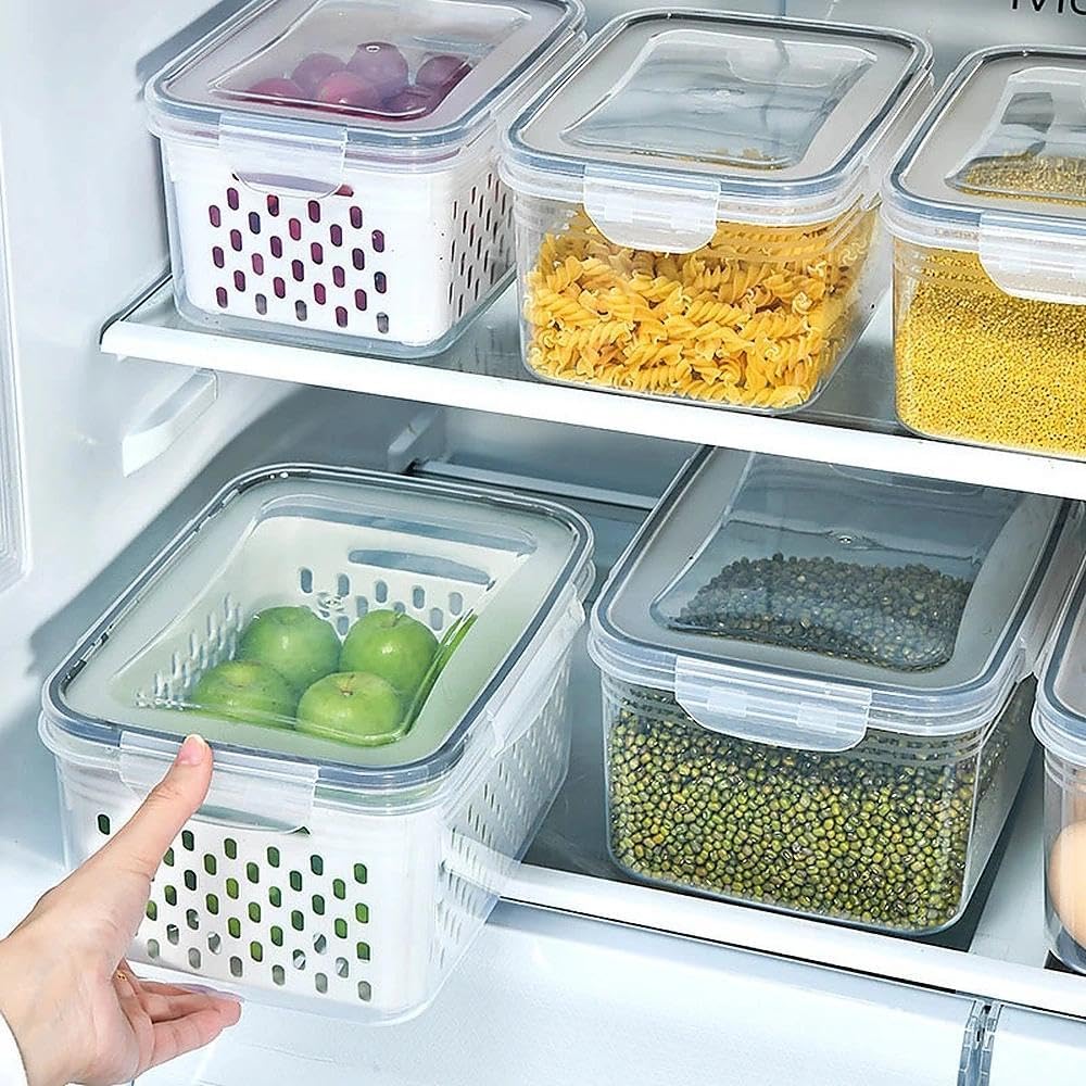 Yuonry 4 in 1 Food Storage Container, Fruit Storage Containers for Fridge, Produce Containers with Lid and Strainer, Including Drain Basket, Multipurpose Large Fruit Container for Fridge(Blue)