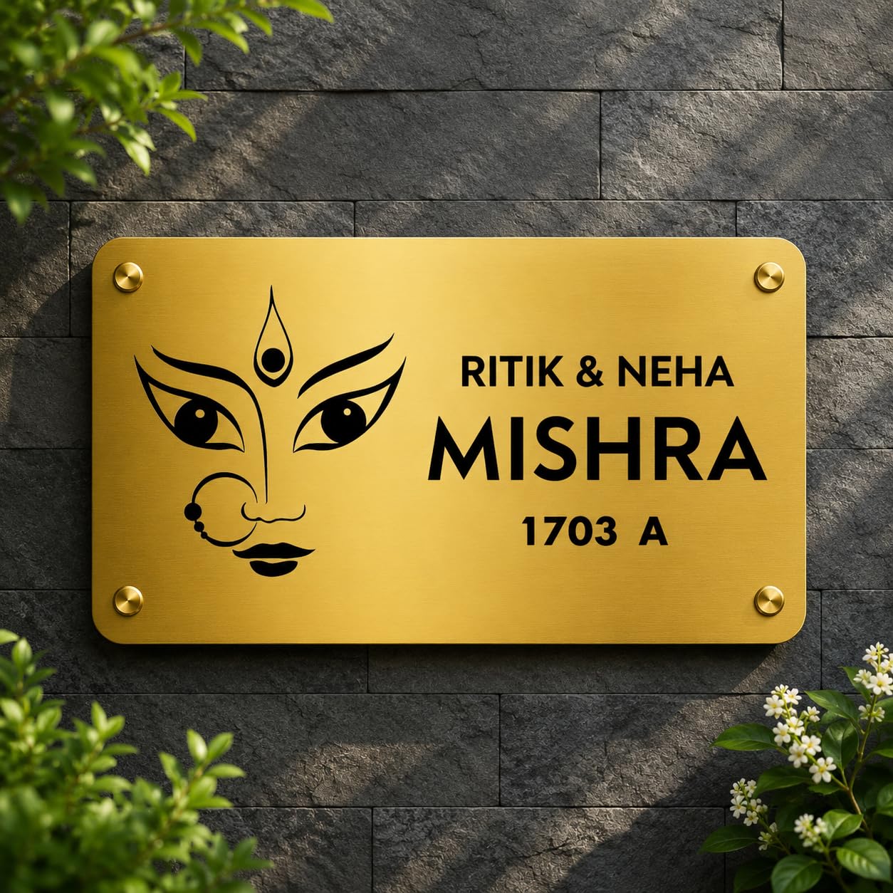 Custom Golden Acrylic Name Plate with Ganesha | Personalized House Nameplate with Name & Flat Number | Premium Door Wall Name Sign for Home Entrance 6 x 12 inch (Golden Mirror & Black) — Amazon image 8