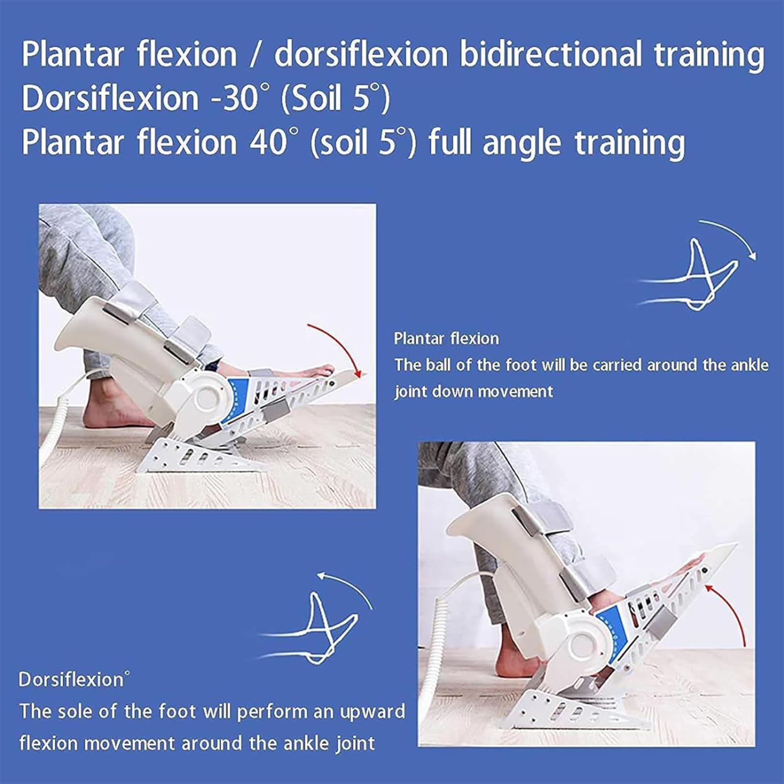 Entrenador de rehabilitación de fracturas de articulaciones de tobillo, Entrenador de tobillo eléctrico, Regulación de velocidad de 3 velocidades, Ejercicio de ángulo completo de -30° ~40°, Dos modos