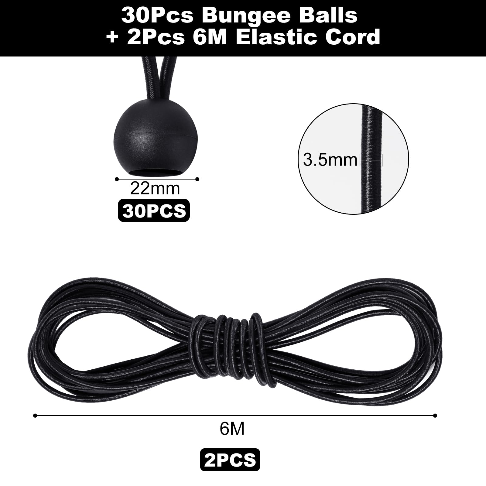 Ysimple 30 Pcs Bungee Cord with Balls, Black Bungee Balls with 2pcs 6M Elastic Cord - Image 2