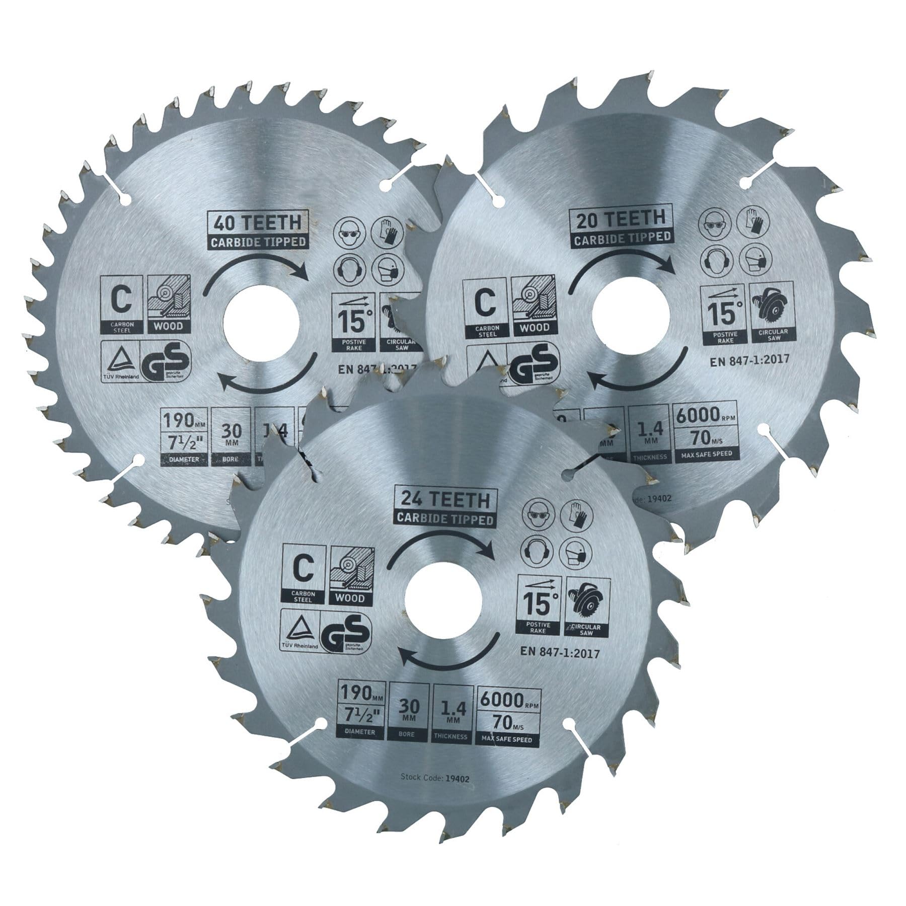 Circular Saw Blade 190mm x 30mm 20 24 40 Teeth TCT Cutting Disc Wood 3pc