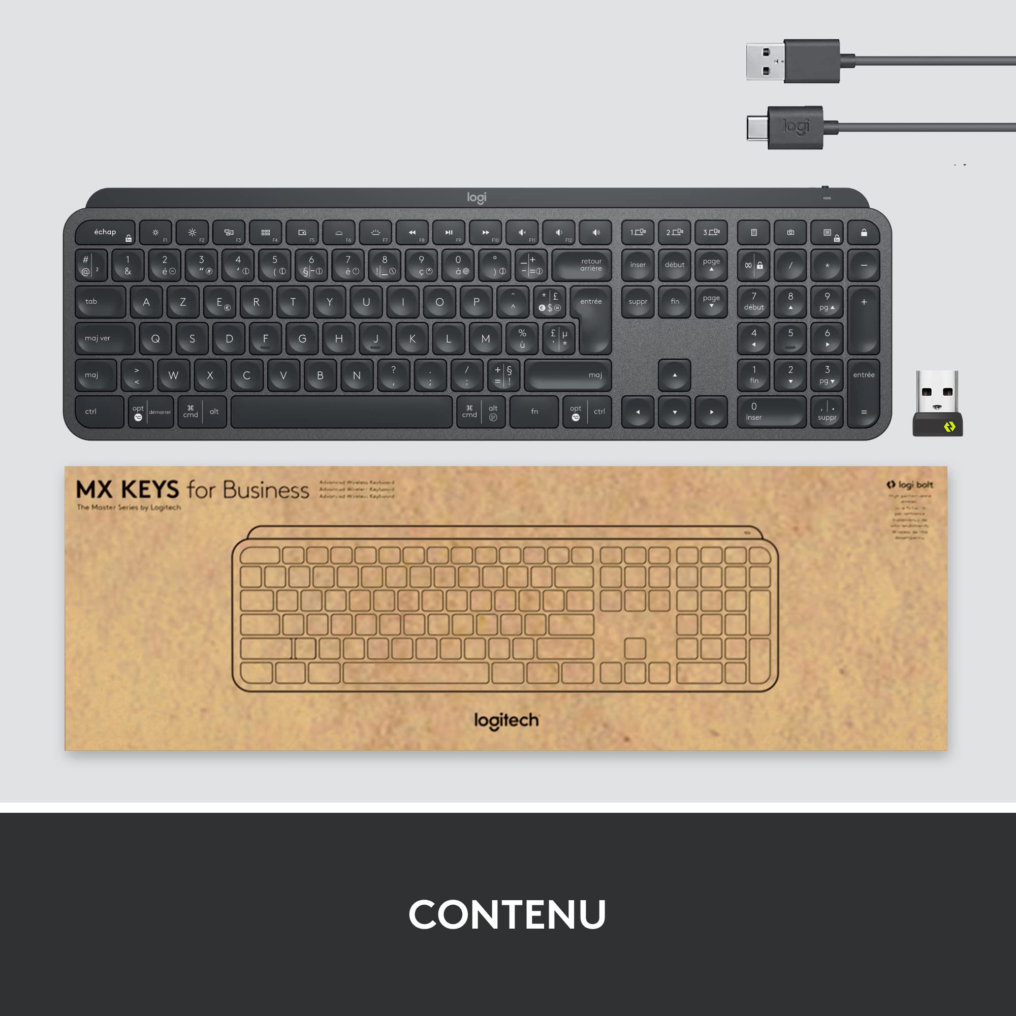 Logitech MX Keys for Business - Clavier rétroéclairé sans Fil, Touches Perfect Stroke silencieuses, Technologie Logi Bolt, Bluetooth, Rechargeable, Windows/Mac/Chrome/Linux, Français AZERTY - Gris