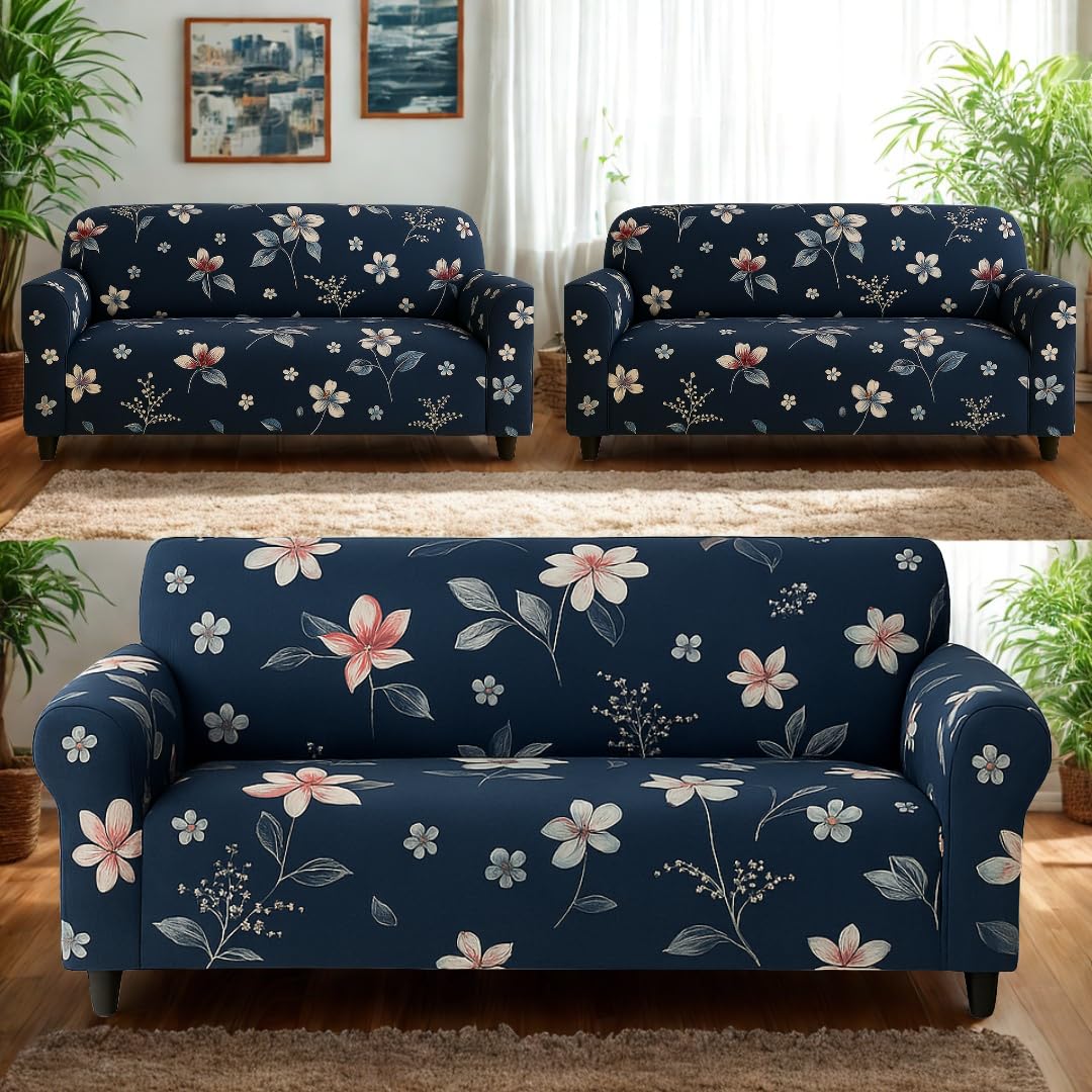 Homerz Premium 7 (3+2+2) Seater Universal Elastic fit Sofa Cover Fully Covered, Non-Slip Sticky Elastic Stretchable Sofa Set Slipcover Protector (Blue Floral, 7 (3+2+2) Seater)