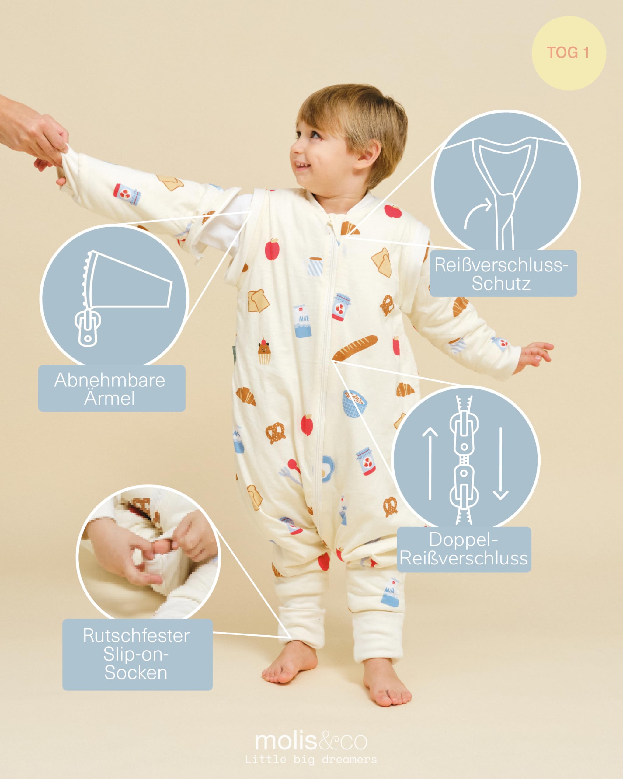 molis&co - Baby Schlafsack mit Füßen, abnehmbare Ärmel und Socken - Babyschlafsack 1 tog - Leicht gepolstert - 100% Baumwolle (Oeko-TEX 100), Premium Qualität - Good Morning (100 cm)