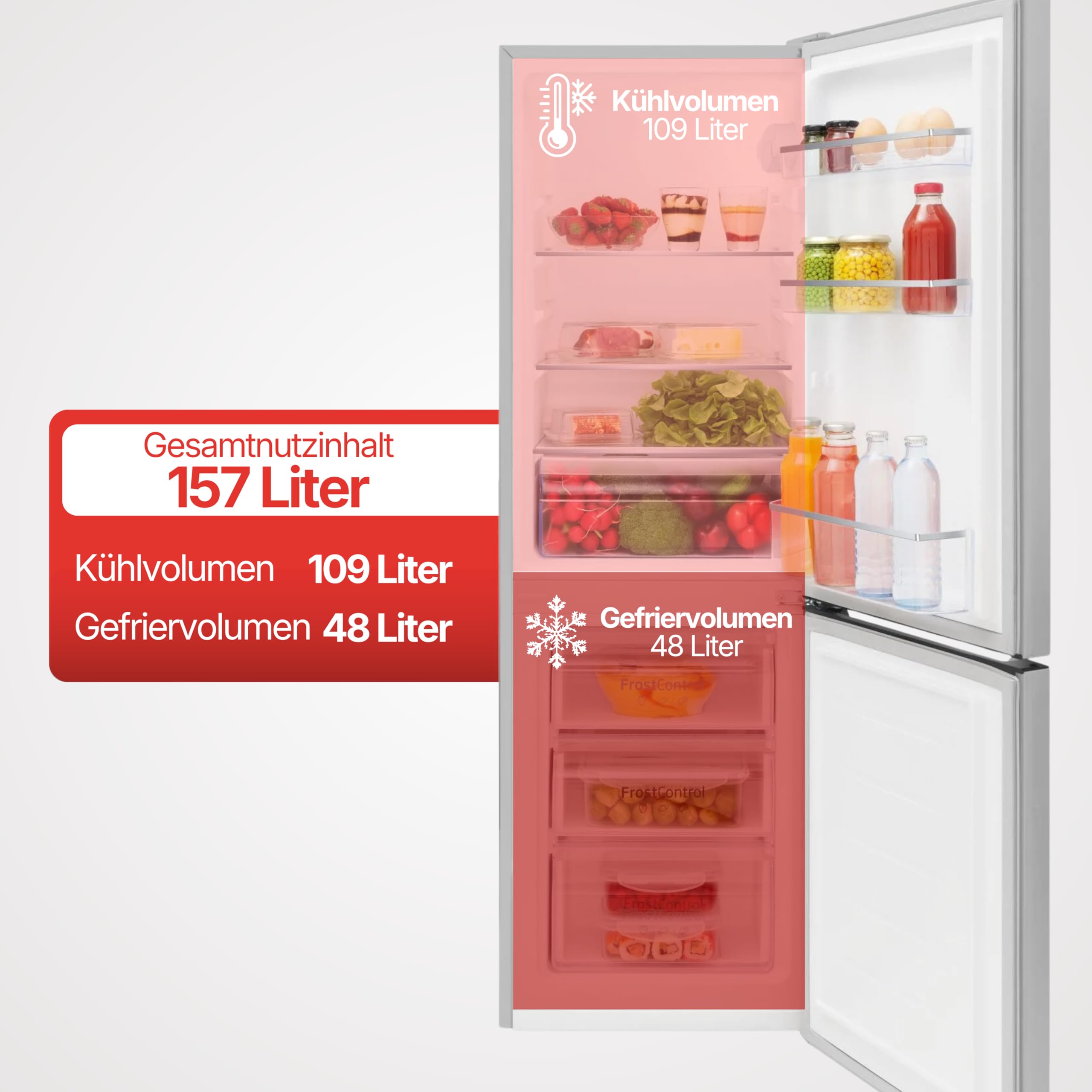 Amica Kühl-Gefrierkombination 157 L 144x47,4x49,5 cm KGCL 384 159 E | 109 L Kühlteil, 48 L Gefrierteil, FrostControl, Superkühlfunktion, Supergefrierfunktion, LED Beleuchtung, FlexOn